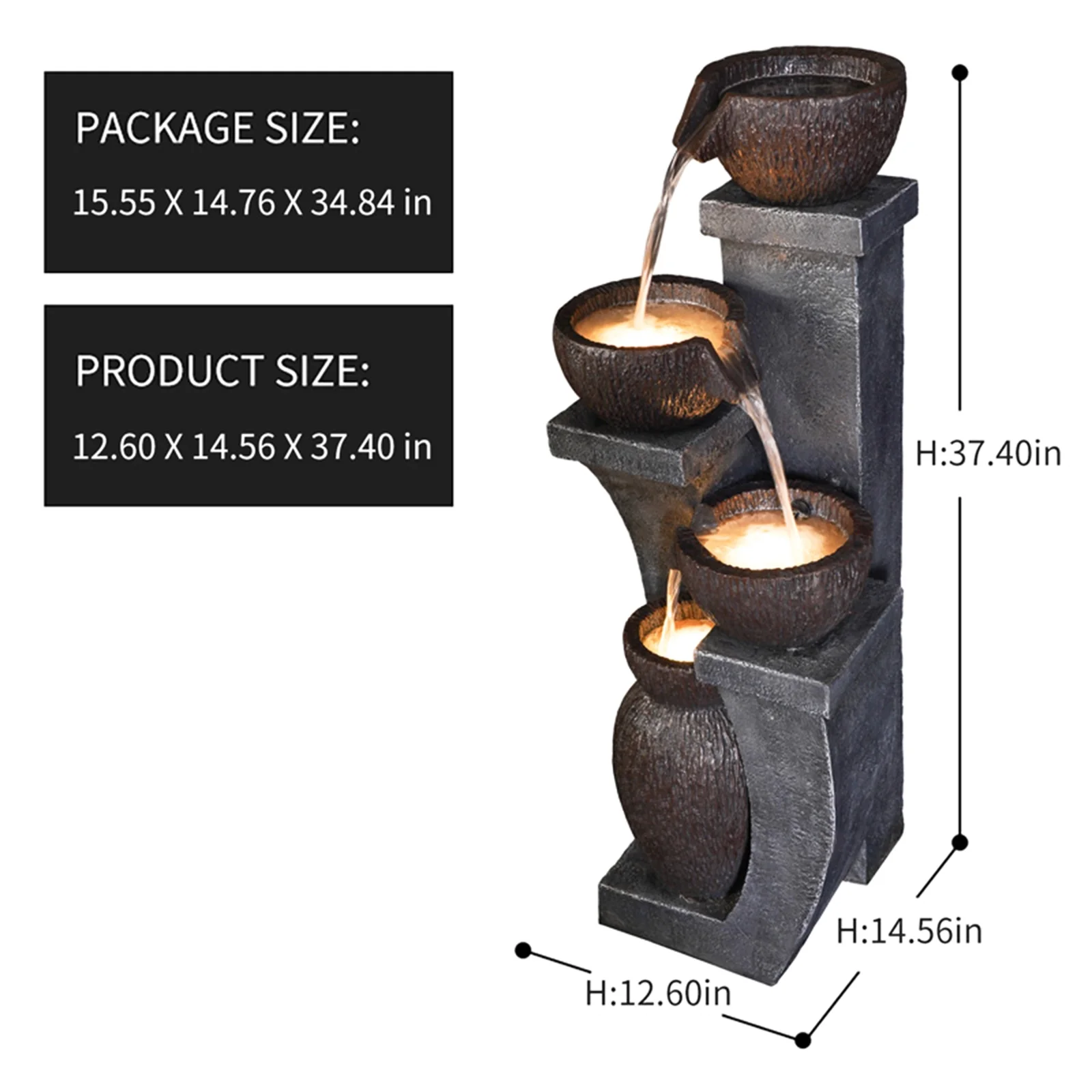 37.4-H Outdoor Water Fountain with 4 Crocks, Modern LED Lighted Garden Floor Fountain for Patios and Yards -C Durable Resin Water Feature with Cascading Waterfall Design for Indoor/Outdoor D-cor - Image 2