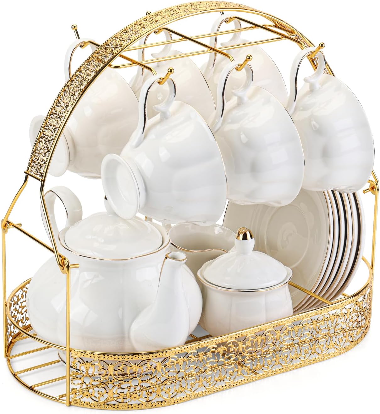 CHENP.HMC Tea Set 22-Piece Porcelain Ceramic Coffee Tea Gift Sets Cups Saucer Service for 6 Teapot Sugar Bowl Creamer Pitcher and Teaspoons (WHITE3)
