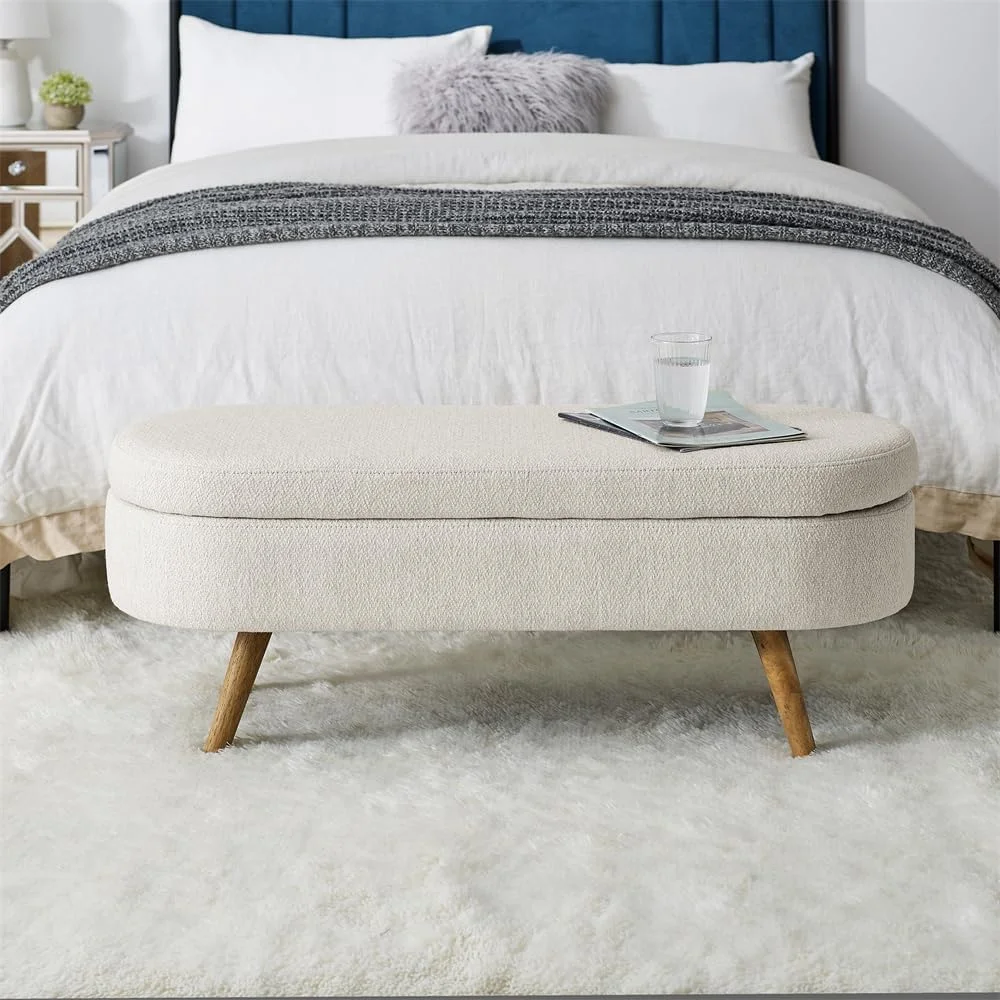 Sumdeal 43.5" Storage Ottoman Bench with 250lb Seating, Linen Upholstered Wood Legs Safety Hinge Flip Top Oval Foot Rest Long Stool for Sofa Couch Bedroom End of Bed Living Room Entryway, White - Image 19