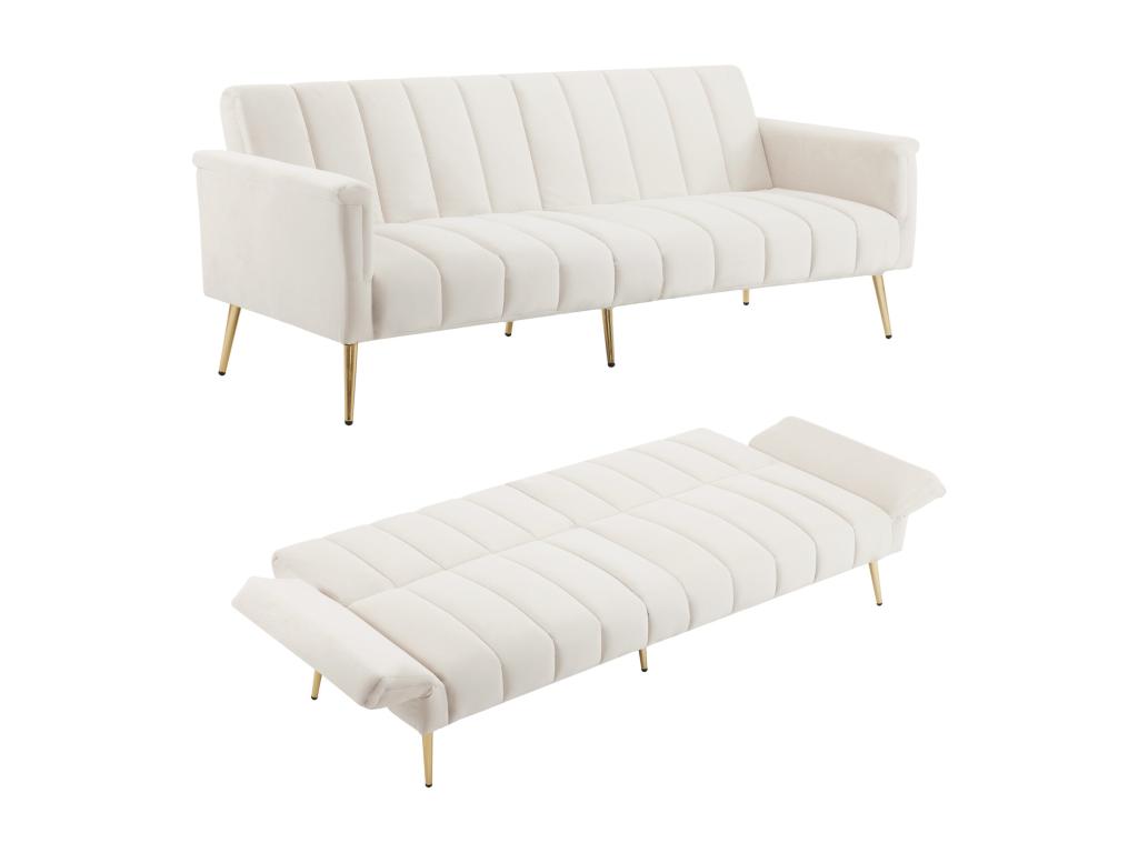 Sofá 3 plazas - terciopelo beige - respaldo y reposabrazos regulables 3 en 1