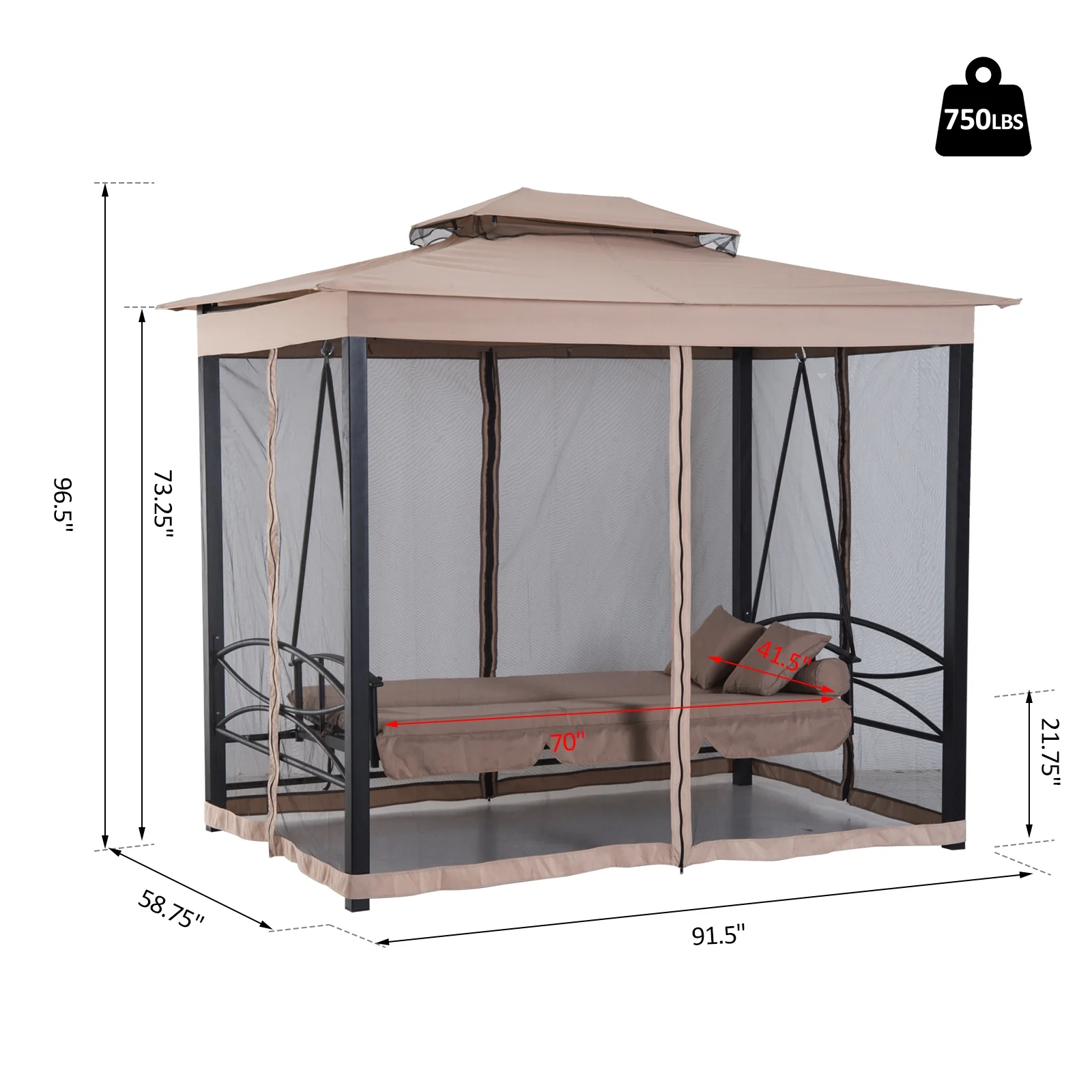 Outsunny 3 Person Patio Swing Chair, Gazebo Swing with Double Tier Canopy, Cushioned Seat, Mesh Sidewalls, gray - Image 15