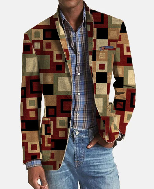 OK Fashion Geo Pattern Contrast Binding Pockets Blazer