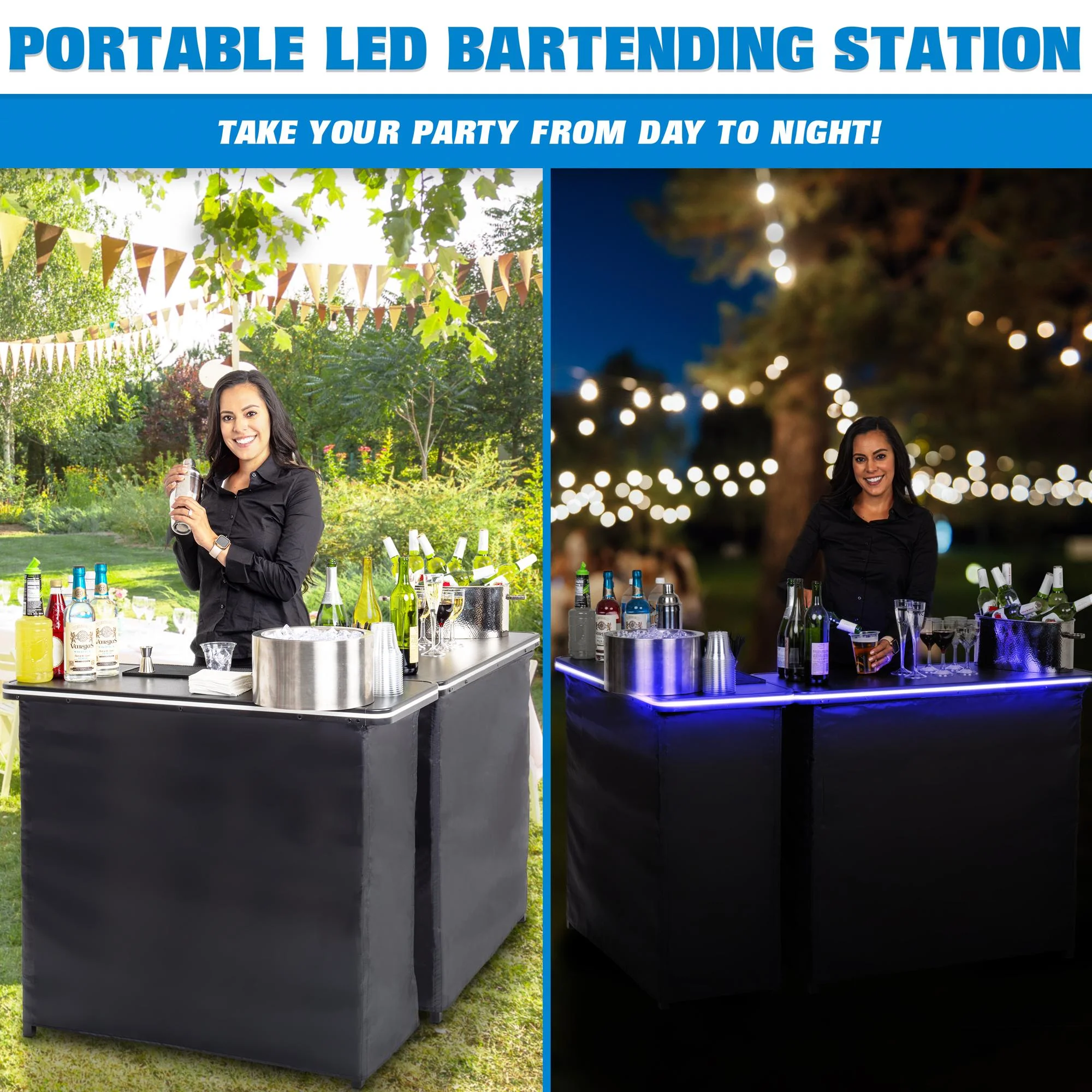 GoBar Portable Double Bar Table Set with Multi-Color LED Lights - Mobile Bartender Station for Events - Includes Carrying Case - Image 3