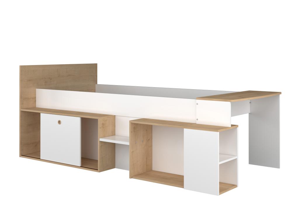 Cama combinada 90 x 200 cm con escritorio y almacenamiento - Blanco y natural + Somier - PALOMA