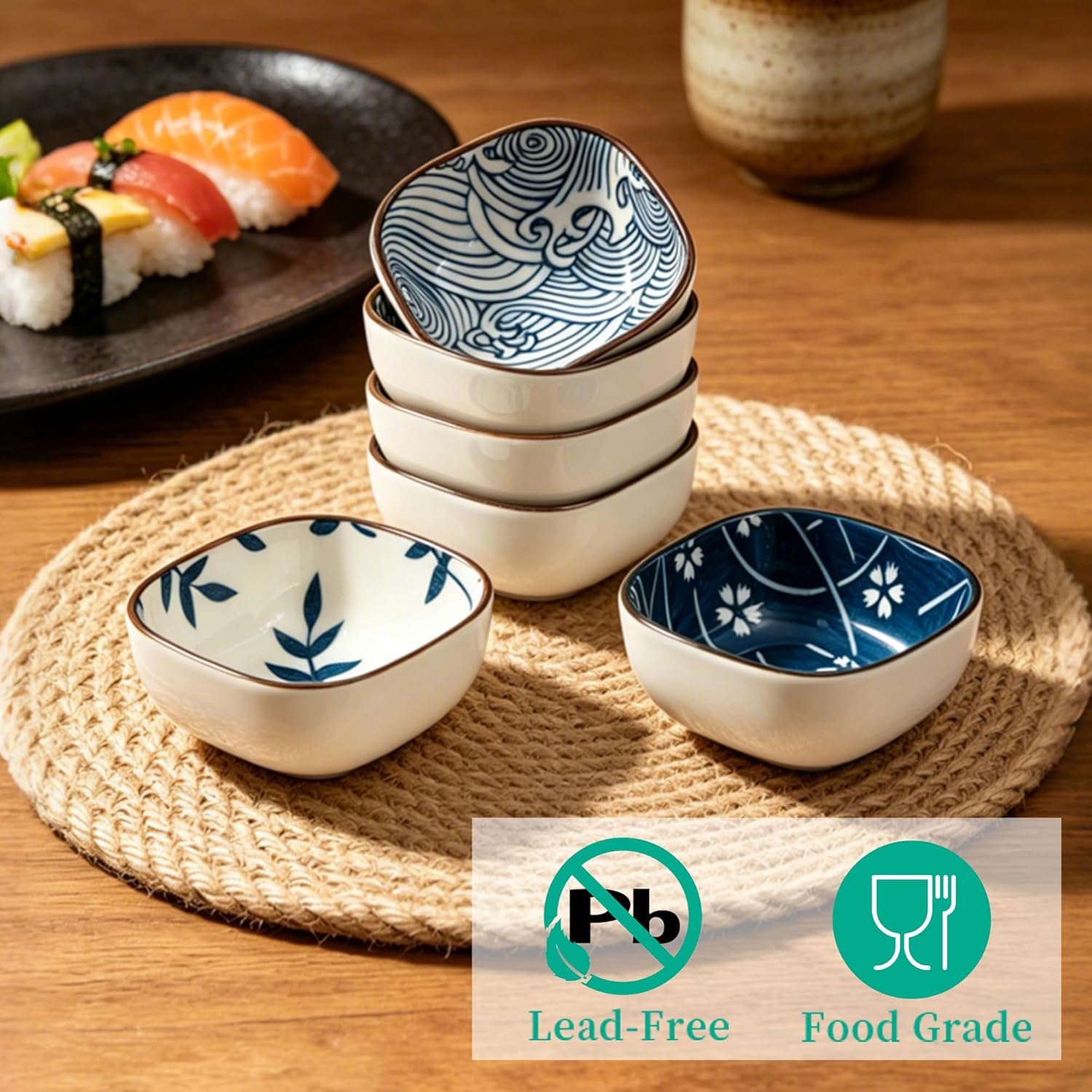 Ceramic Dipping Bowls Set of 6, 5OZ Small Soy Sauce Dishes, Japanese Style Square Pinch Bowls for Sushi Sauce Ketchup BBQ, Oven Microwave Dishwasher Safe, 3.6Inch (Blue Ocean)