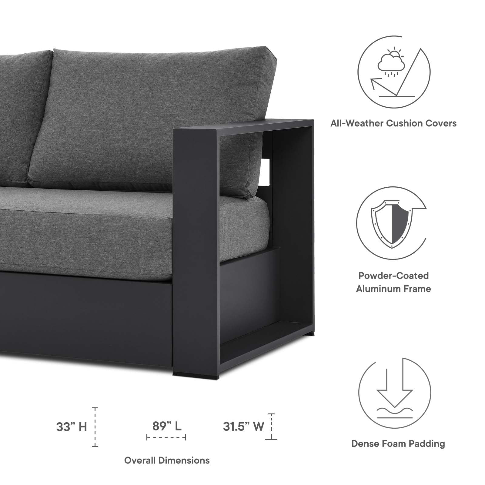 Lounge Sofa Table Set, Grey Gray, Aluminum, Metal, Fabric, Modern Contemporary, Outdoor Patio Balcony Cafe Bistro Garden Furniture Hotel Hospitality - Image 4