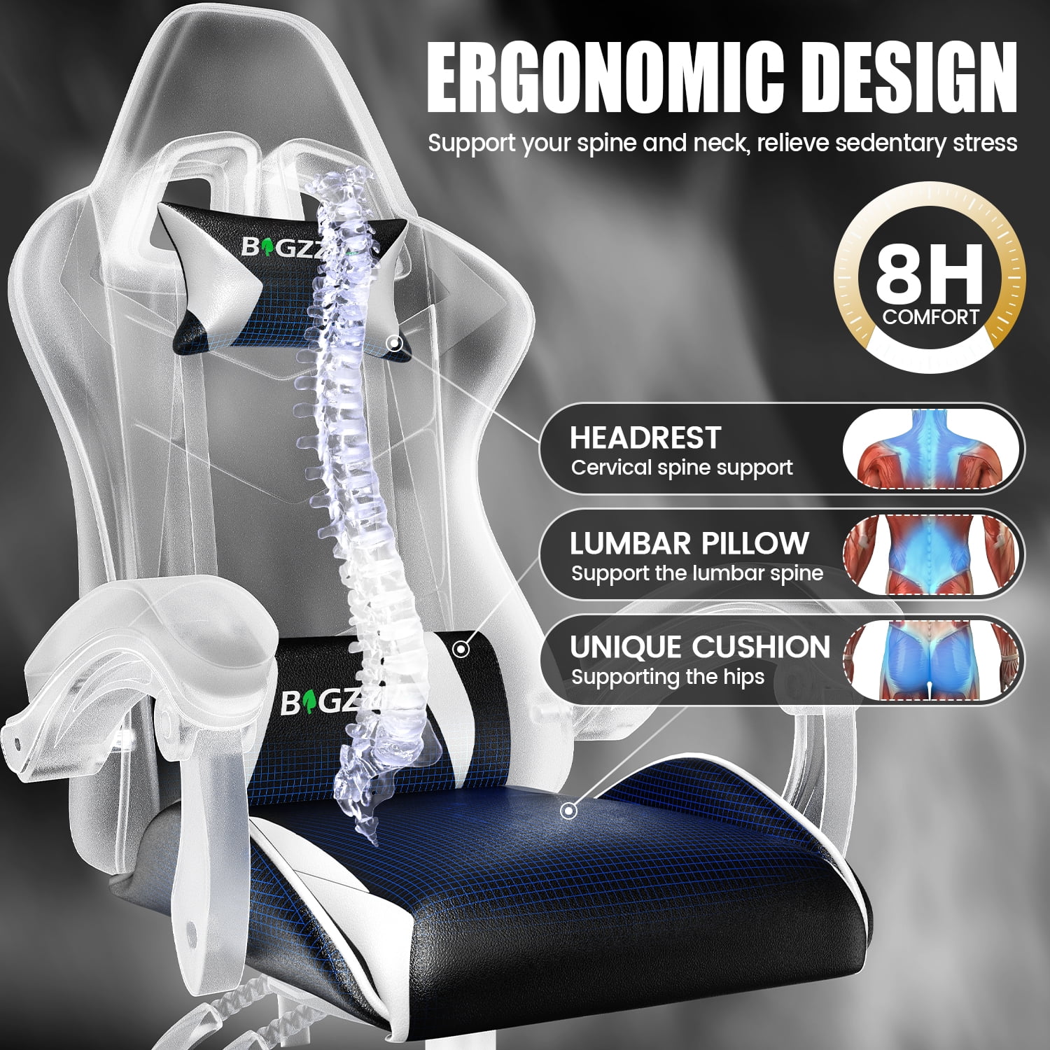 Bigzzia Gaming Chair Office Chair, Ergonomic Game Chair with Height Adjustable Headrest and Lumbar Support for Adults Teens, Black & White - Image 6