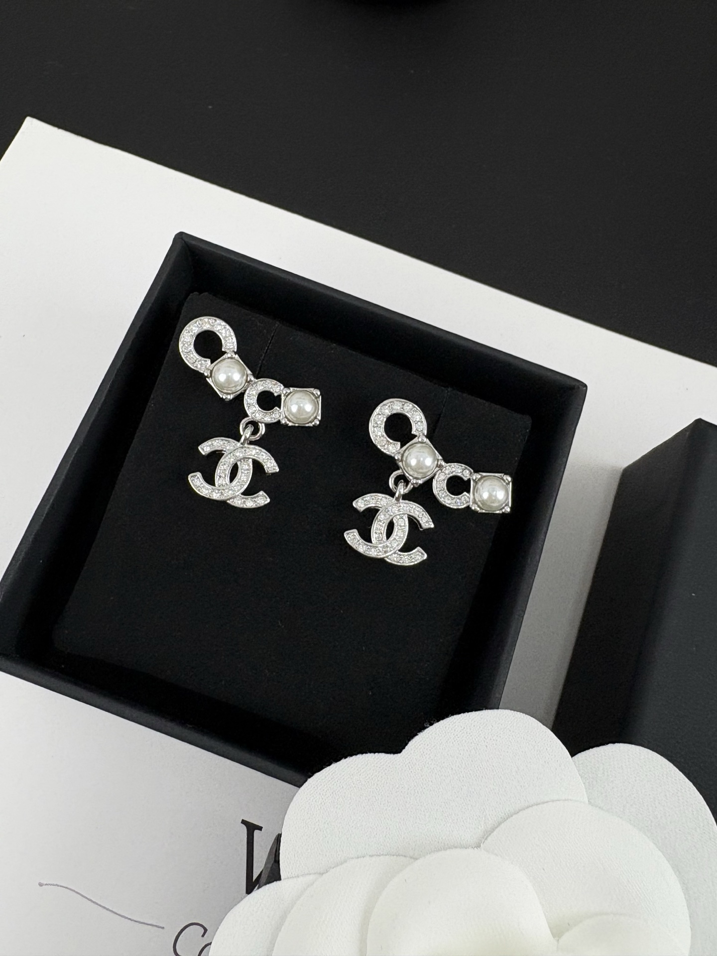 Chanel Full Diamond and Pearl Paved Coco Earrings - Original Replica Club