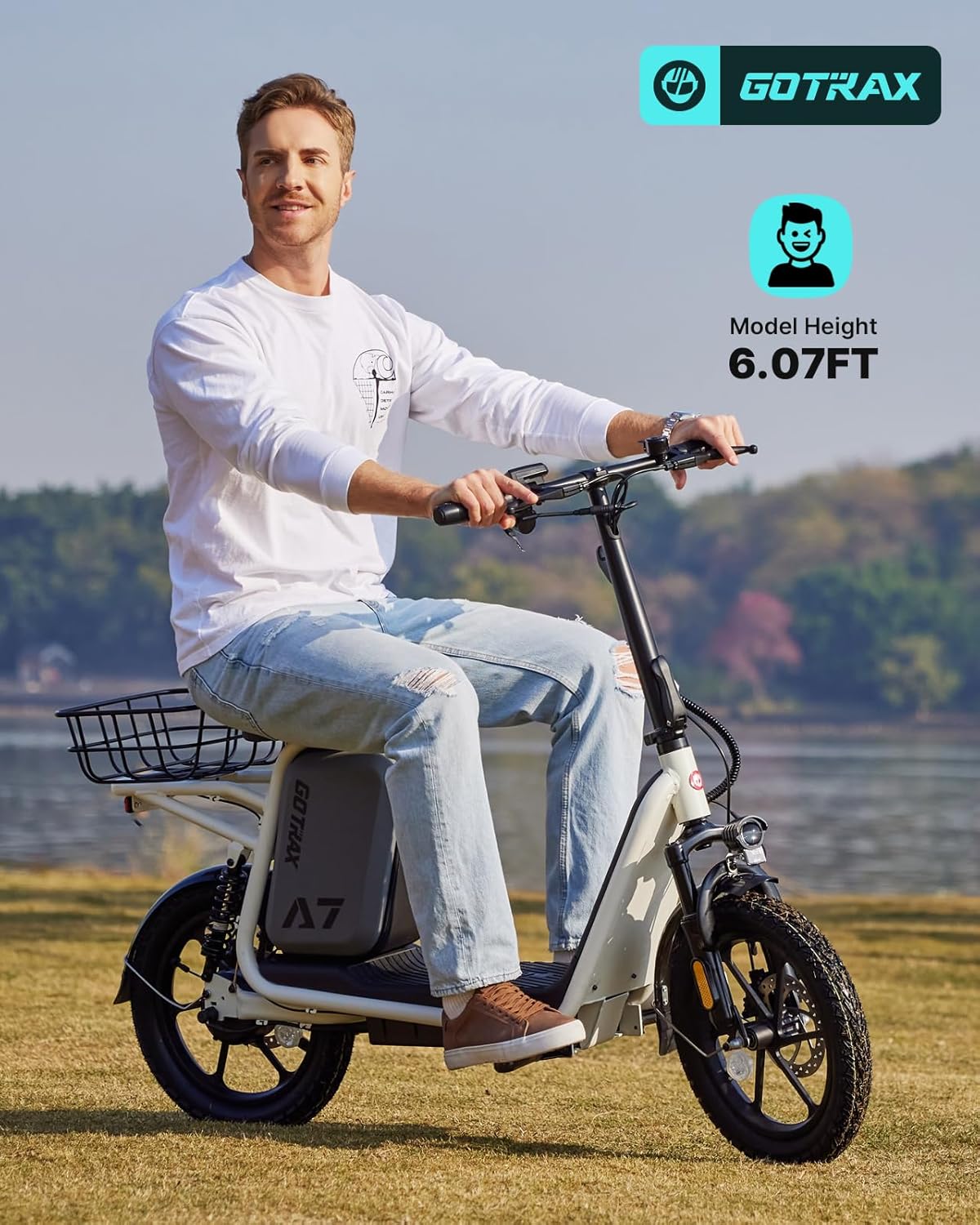 Gotrax adult electric scooter with seat maximum range of 19-25 miles all-terrain tires wide pedals