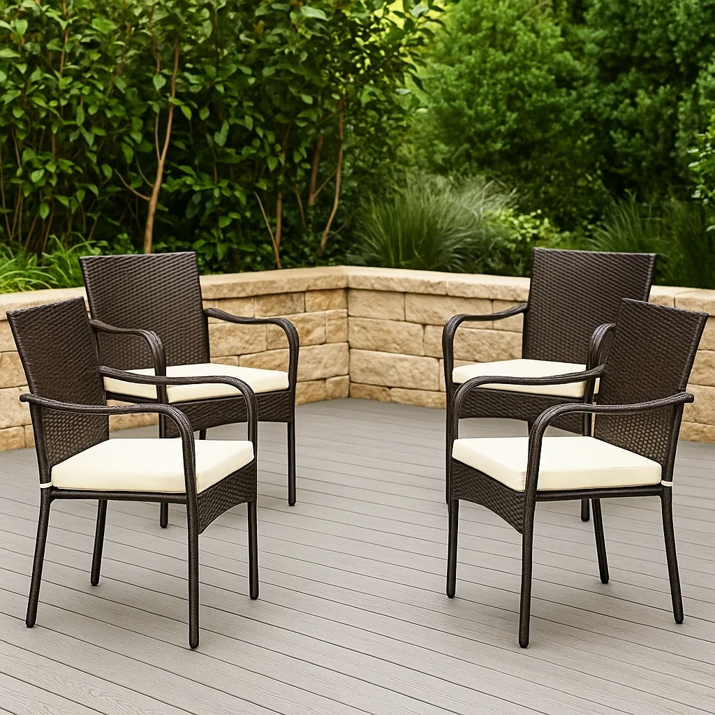 Silla de comedor de exterior,conjunto de 4 sillas con cojín,marrón,acero y poliéster,adecuado para jardín