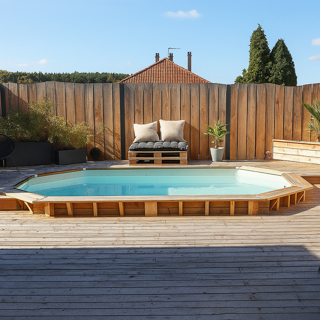 Piscina elevada forma octogonal rectangular madera natural madera jardín exterior