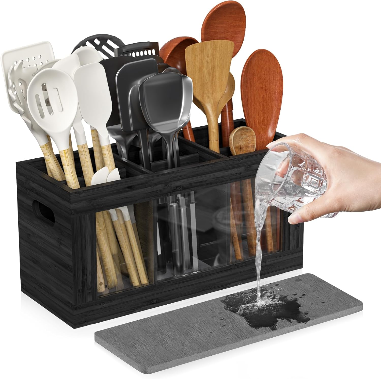 Yofidra Bamboo Utensil Holder & Silverware Organizer: Extra Large Cooking Holder with Absorbing Drying Stone and 6 Compartments Kitchen Countertop Storage Farmhouse Decor Accessories 11.8