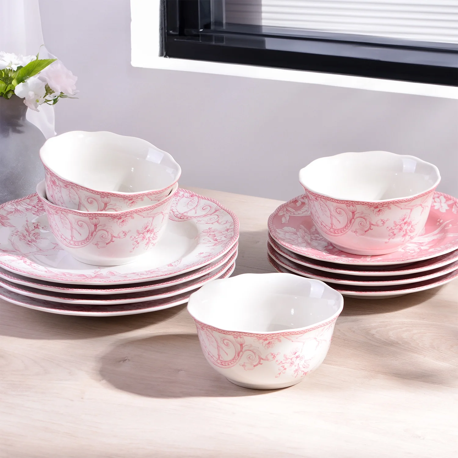 222 Fifth Adelaide Brown on White Porcelain 12 Piece Dinnerware Set, Plates & Bowls, Service for 4 - Image 15