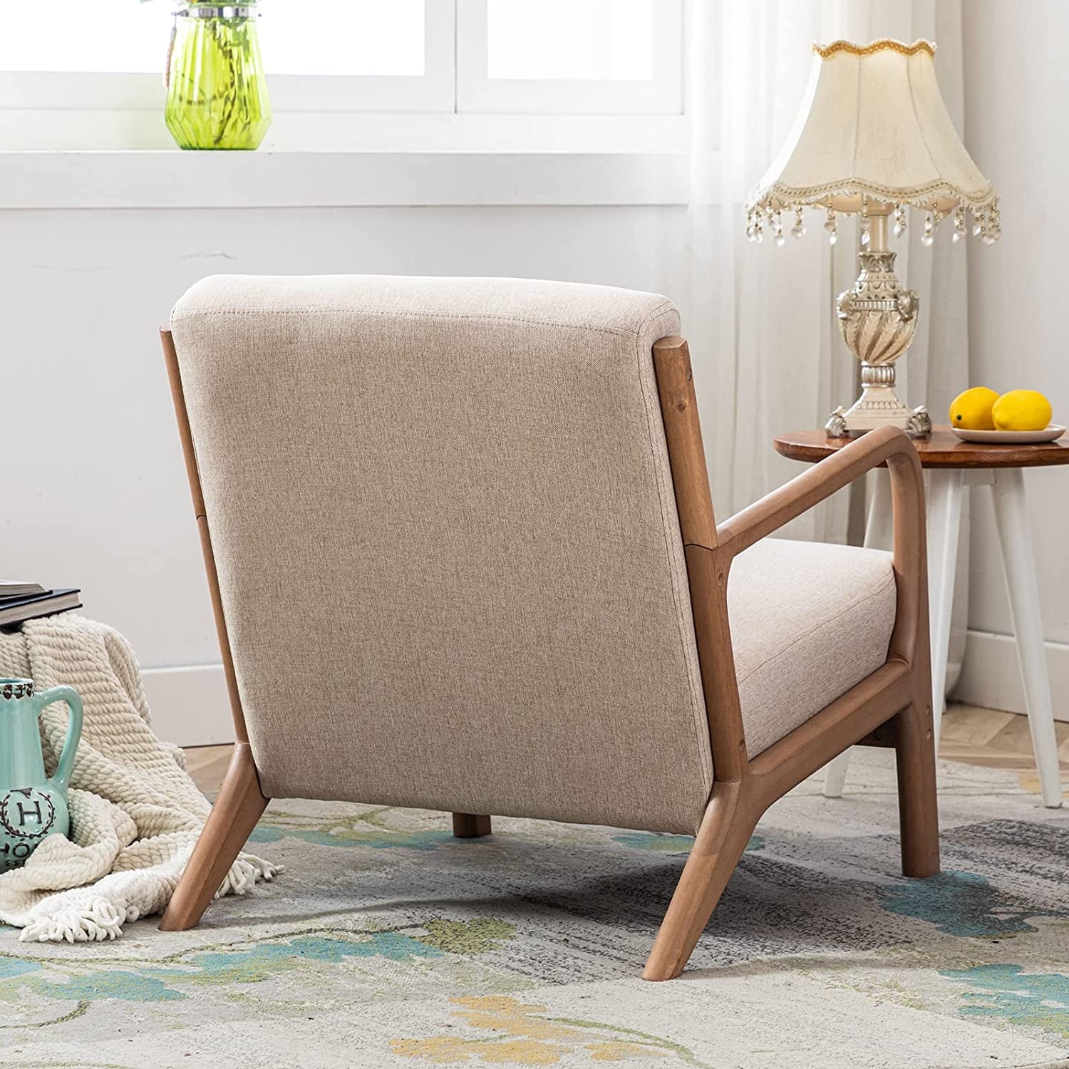 Bonzy Home Mid Century Modern Accent Chair, Single Fabric Lounge Reading Armchair with Solid Wood Frame, Easy Assembly Arm Chairs for Living Room, Beige - Image 4