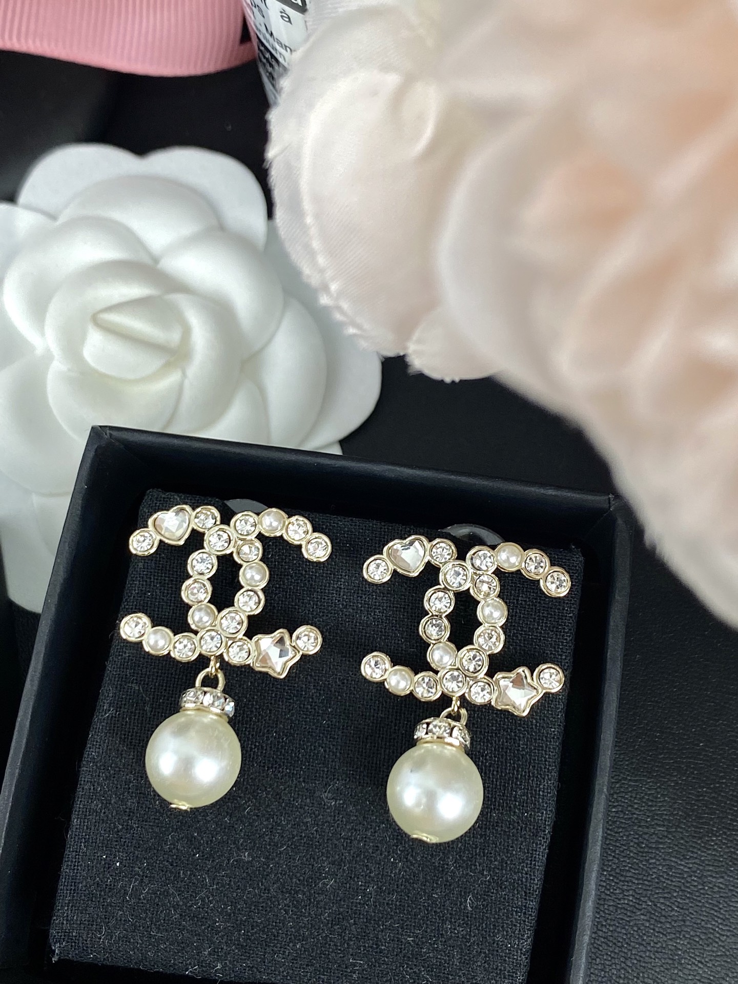 Chanel Pink Crystal Pearl Dangle Rhinestone CC Earrings - Original Replica Club