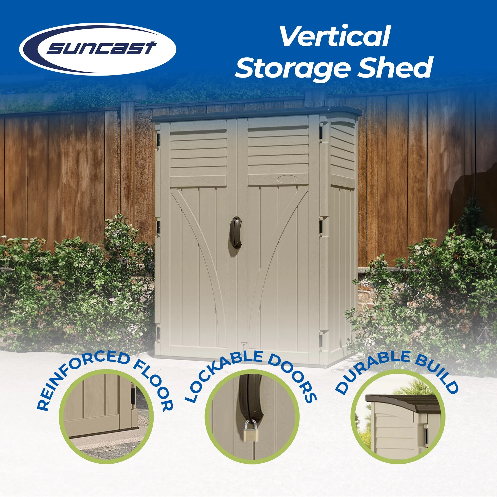 Suncast Large Vertical Shed for Storing Oudoor Tools, & Equipment, Sand - Image 2