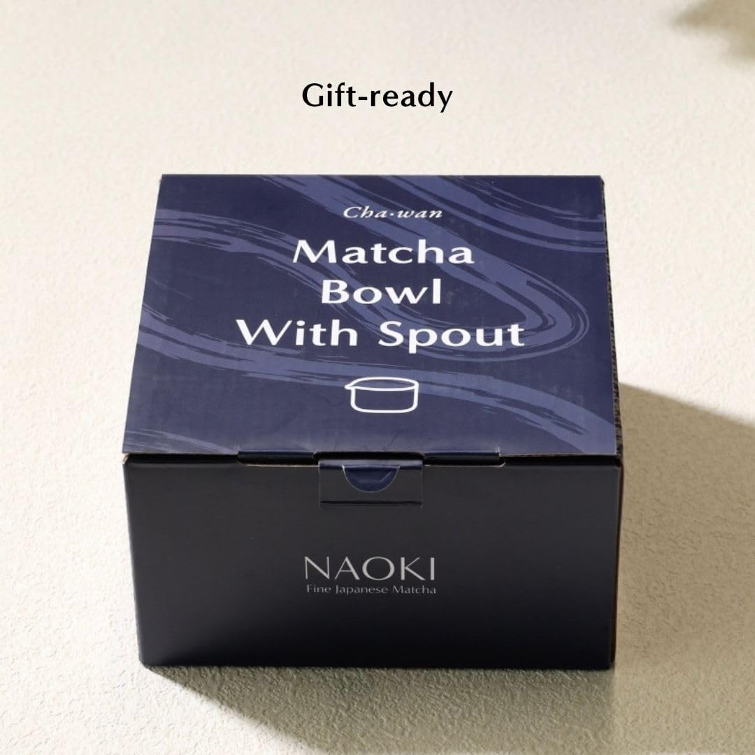 Naoki Matcha Traditional Ceramic Chawan Matcha Tea Bowl with Pour Spout Set - Hand Made Ceramic with Black Matte Glaze - For Perfectly Whisked Matcha Green Tea (18 Ounce)