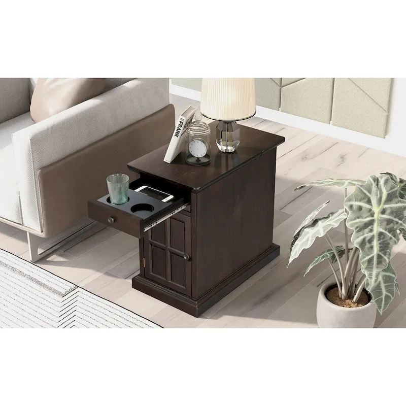 Retro-Inspired Living Room Side Table with USB Ports, Multifunctional Drawer, and Cup Holders