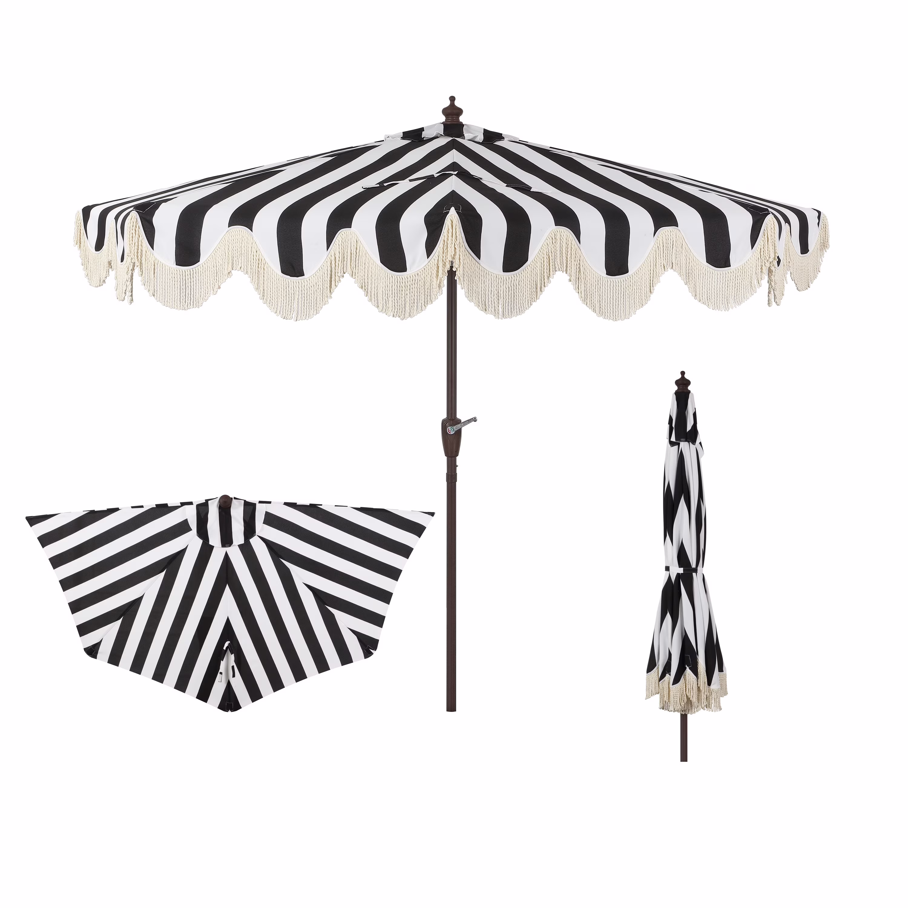 JONATHAN Y Beverly 9 ft. Half Market Patio Umbrella, Designer Classic Scalloped Fringe with Crank, Tilt Button and UV Protection, Blue/White/Cream, Dark Brown Pole - Image 7