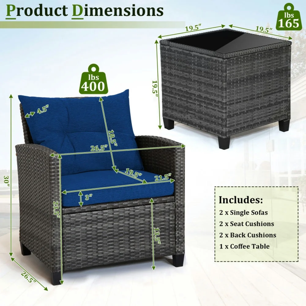 Kadyn Outdoor Seating Sets,Garden Conversation Sets,3 Pieces Outdoor Wicker Conversation Set with Tempered Glass Tabletop-Navy - Image 9