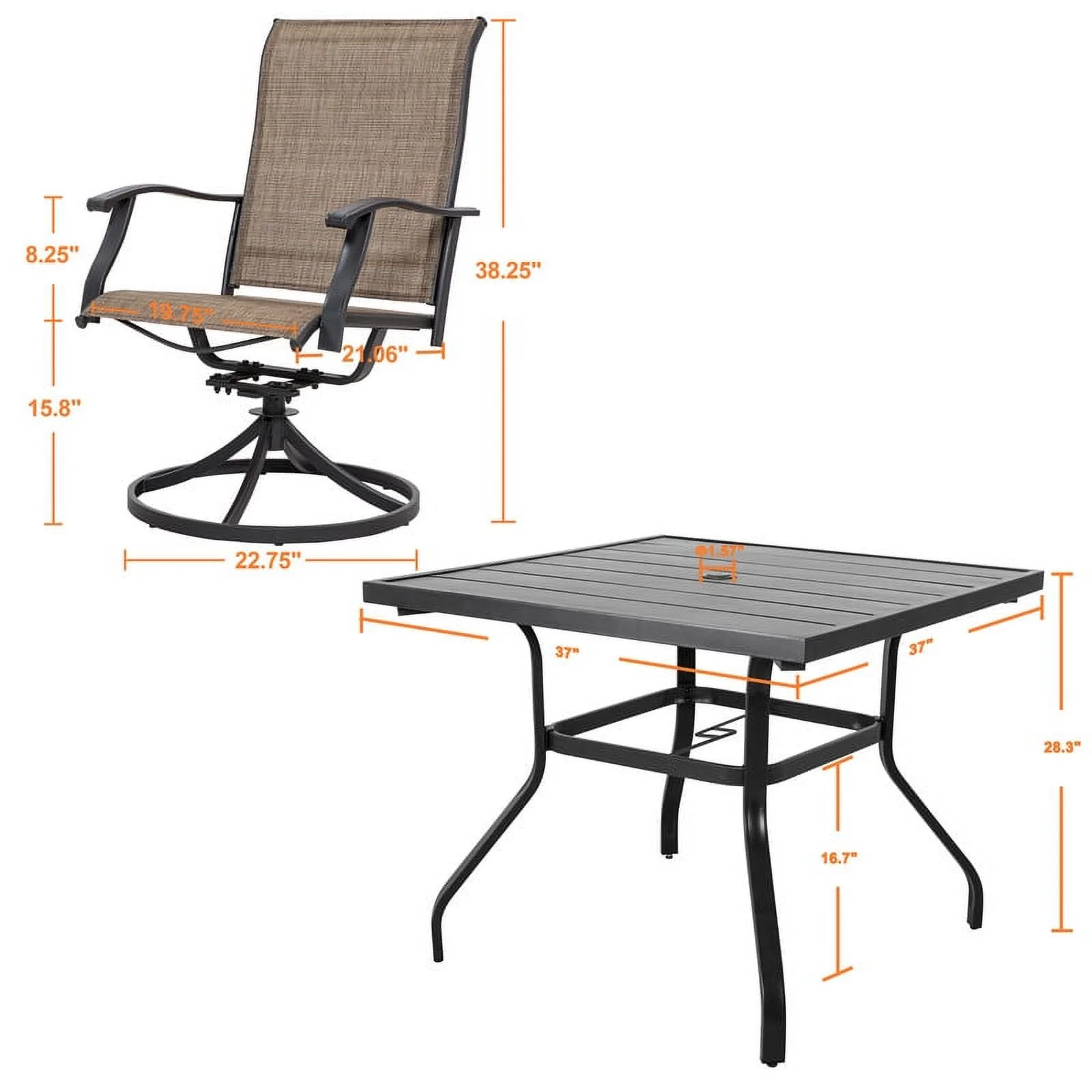 Nuu Garden 5 Piece Outdoor Patio Dining Set, Metal Patio Furniture Set 4 Textilene Swivel Chairs and 37" Square Iron Umbrella Dining Table,Black and Brown - Image 7
