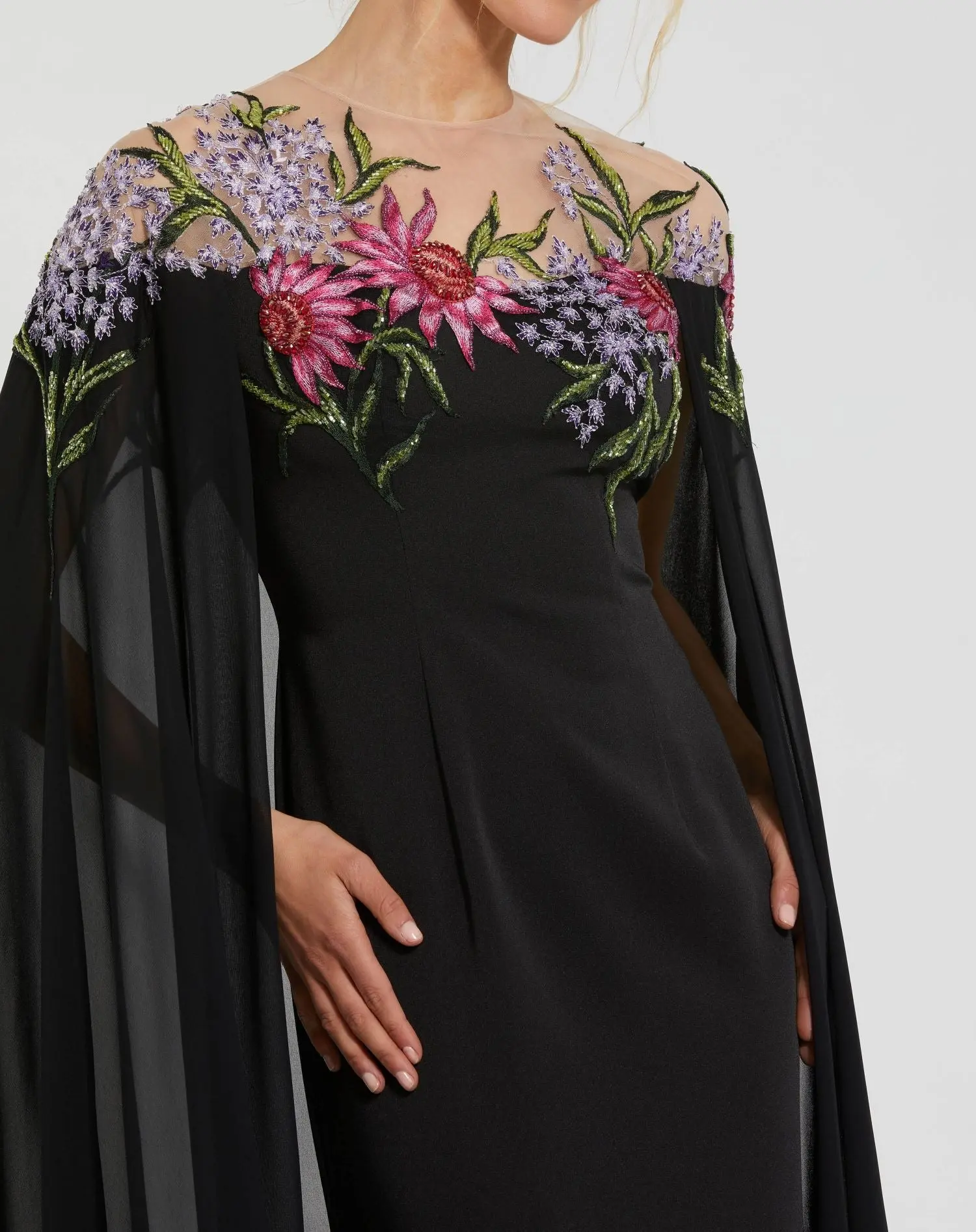 Black Sheer Cape Gown with Beaded Embroidery - Special Events Unlimited