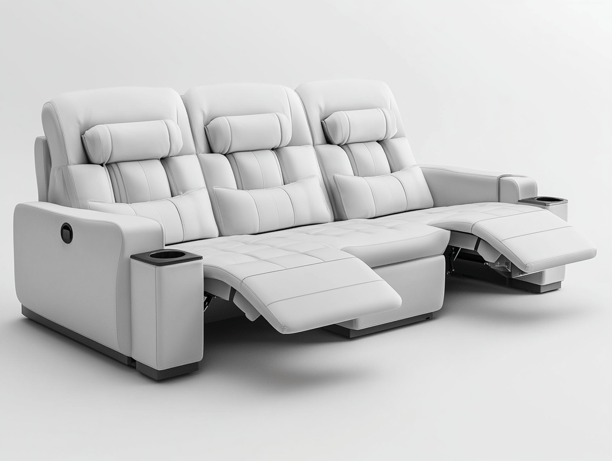 Sofá reclinable de salón color blanco para uso doméstico moderno con portavasos