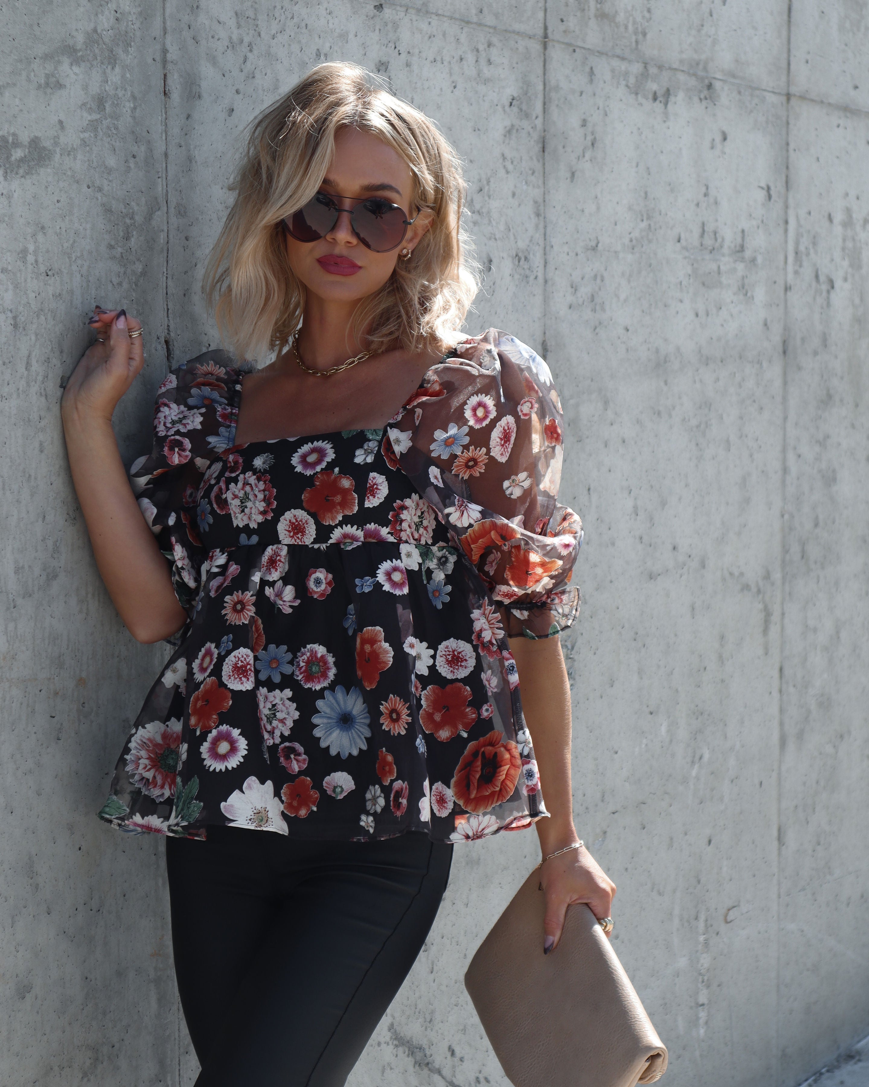 Blooming Autumn Organza Puff Sleeve Babydoll Top - Black - Se7enfashion
