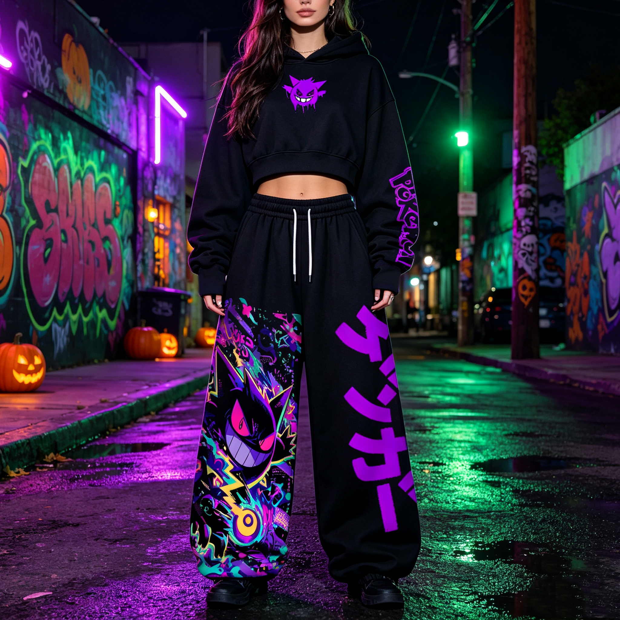 Pokémon Halloween Series Cropped Long Sleeve Hoodie & High Waist Jogger Pants Two Piece TeeThreads Sustain the Scene with Custom Apparel