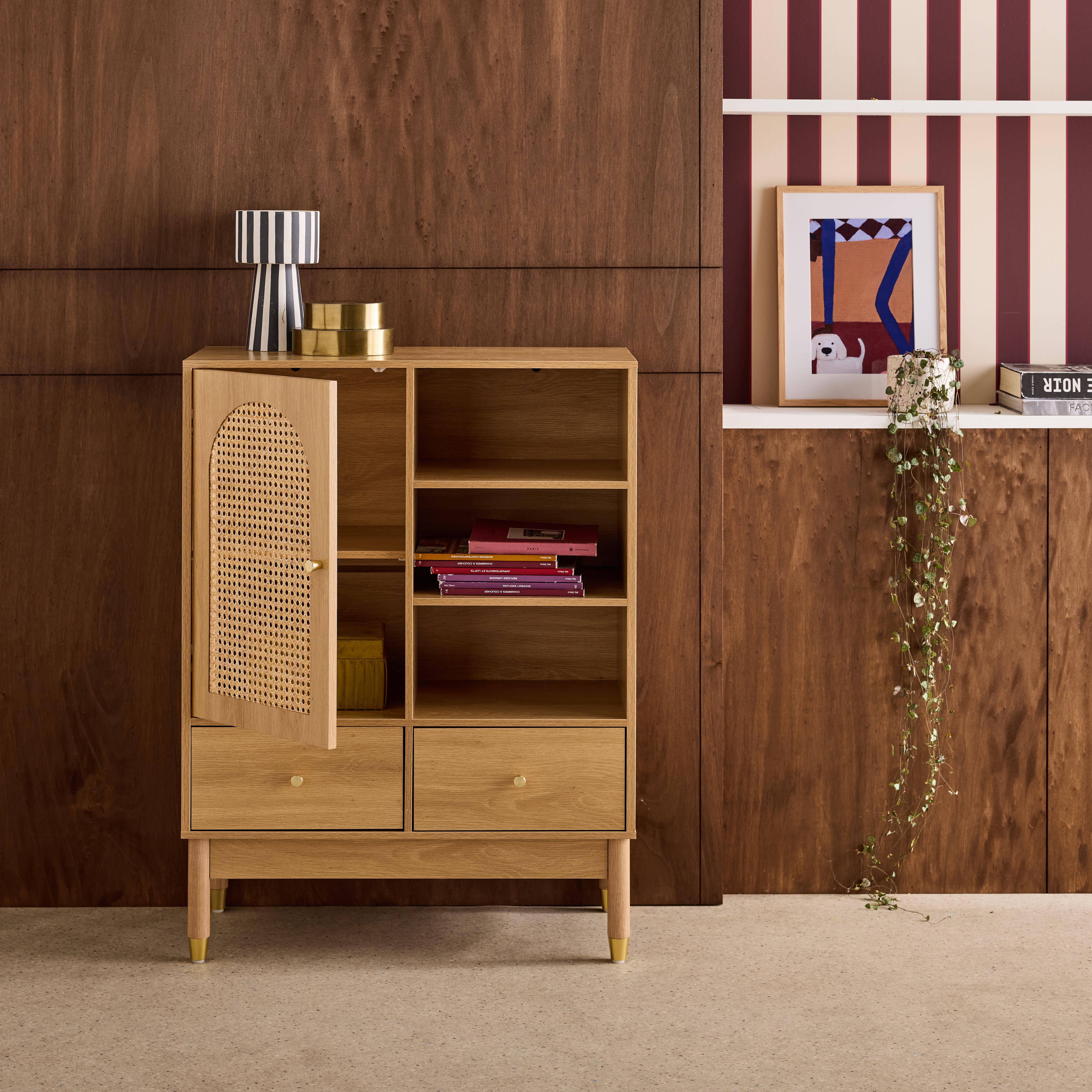 Judith - Aparador con decoración de madera y mimbre 1 puerta, 75cm