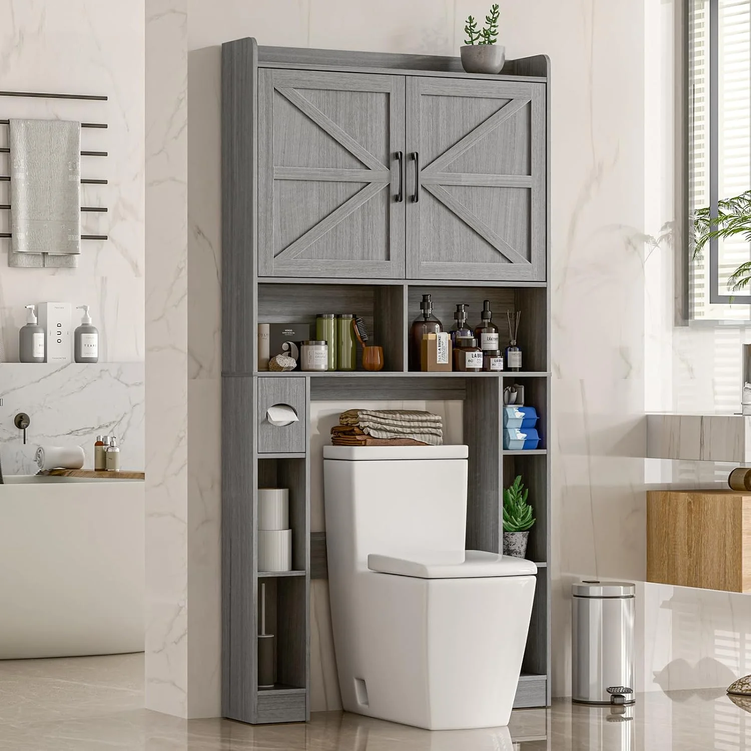 Vabches Over The Toilet Storage Cabinet with Toilet Paper Holder Stand, Above Toilet with Adjustable Shelf & 2 Doors - Image 15
