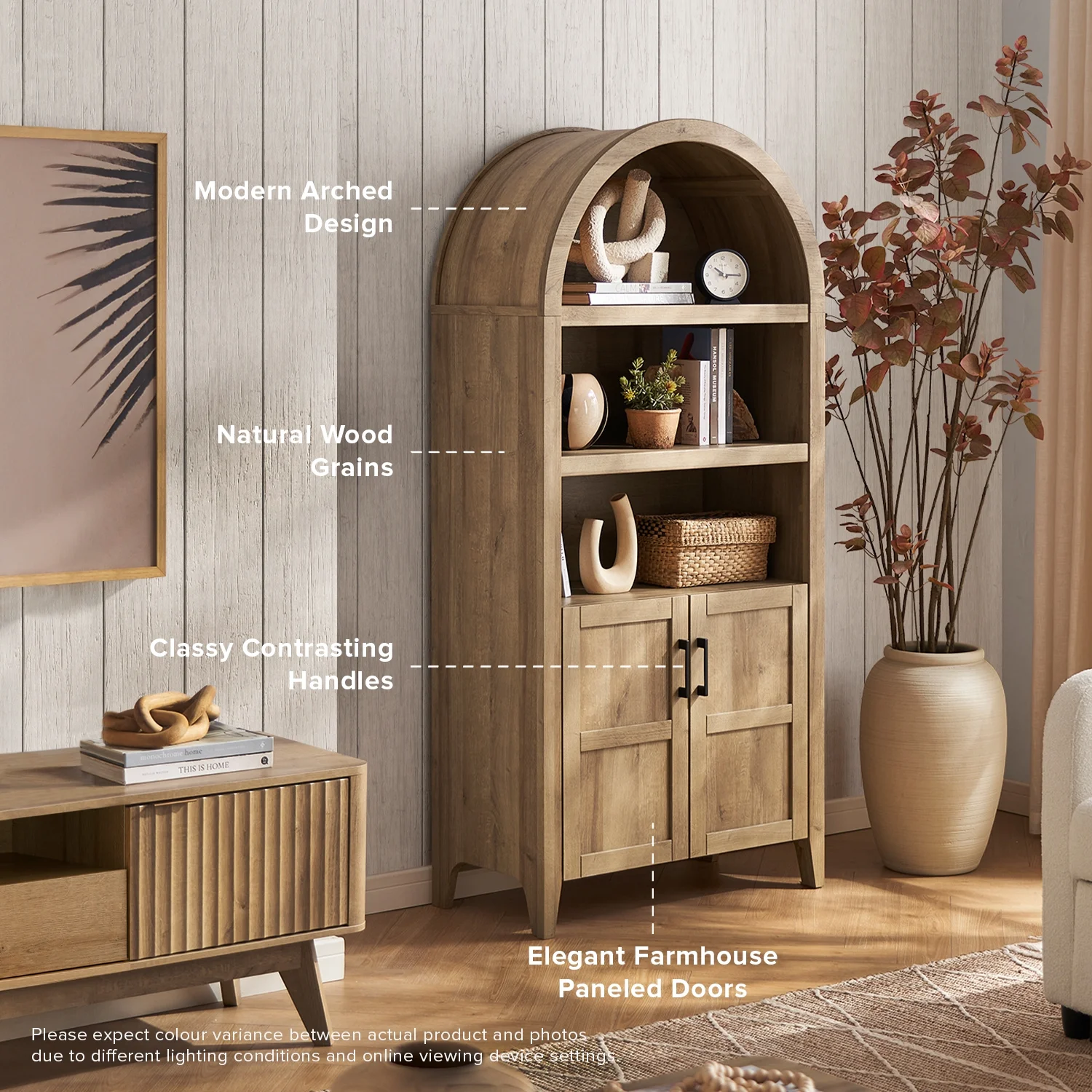 mopio Lauren 65.4" Arched Cabinet, 5-Tier Arched Bookcase with Doors and Shelves, Arched Bookshelf with Storage, Kitchen Pantry Cabinet, Wooden Storage Cabinet for Living Room, Kitchen (Oak) - Image 4