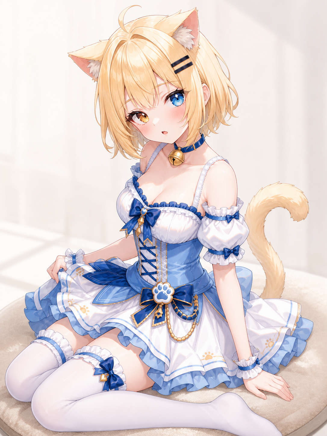 Chica anime con orejas de gato y vestido azul sentada sobre una alfombra