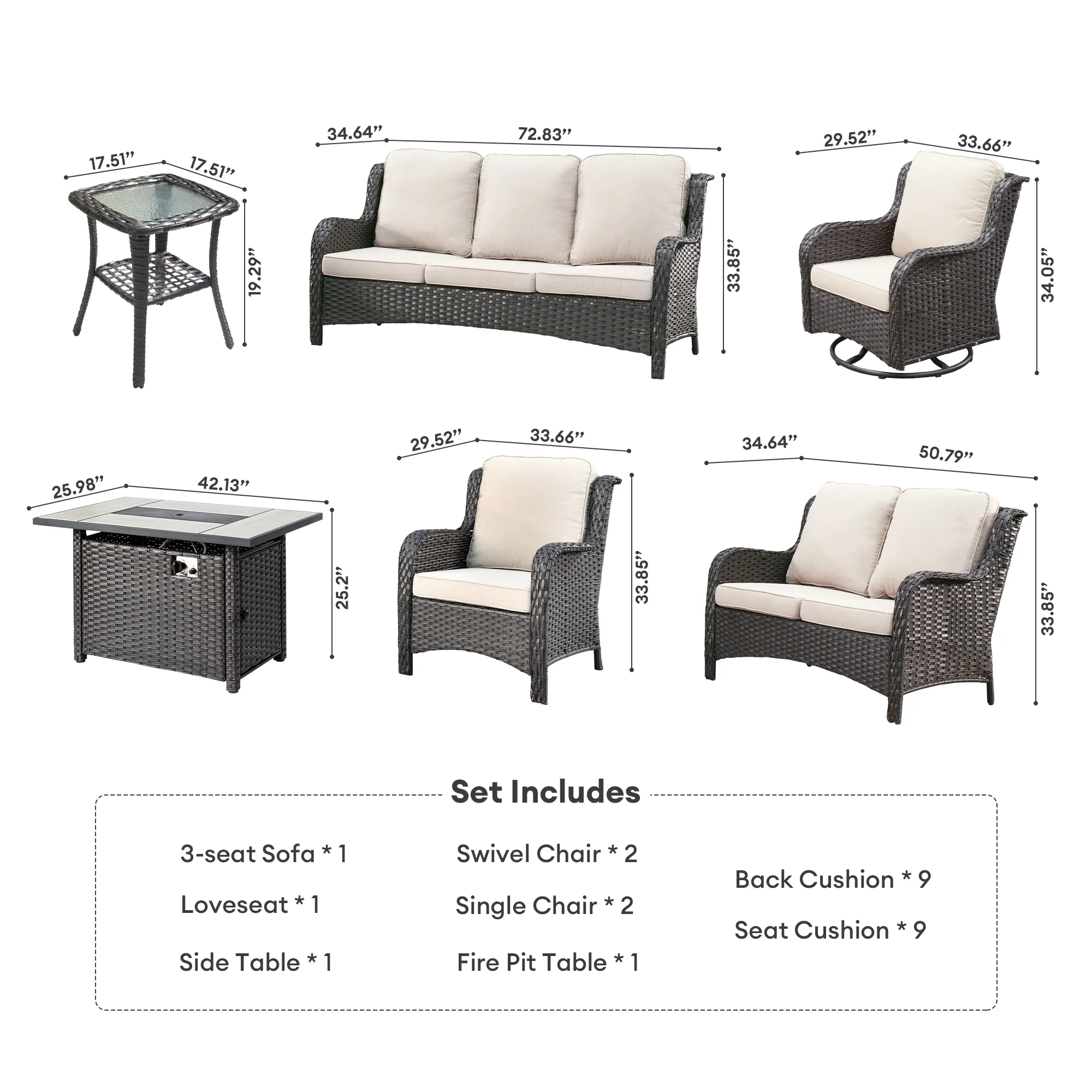 Vcatnet 8 Pieces Outdoor Patio Furniture Sectional Sofa All-weather Conversation Set with Swivel Rocking Chairs and Fire Pit Table for Garden,Poolside,Gray - Image 12