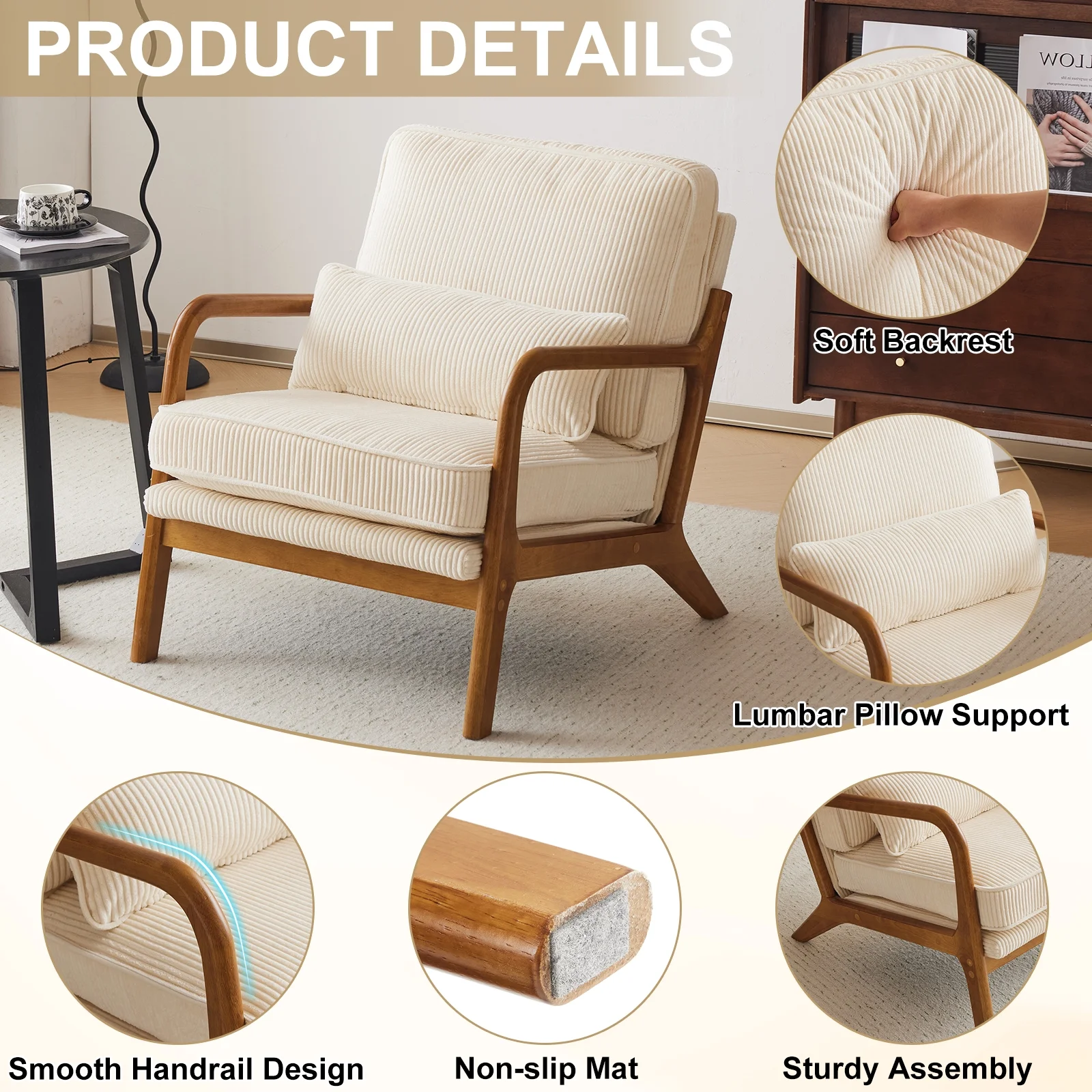 Ktaxon Accent Chair Corduroy Upholstered Armchair, Reading Club Chair with Pillow and Solid Wood Frame for Living Room Bedroom Furniture Off White - Image 8