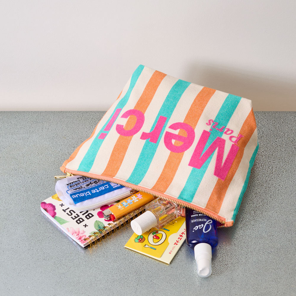 Merci - Pochette en coton rayé - Turquoise & Abricot