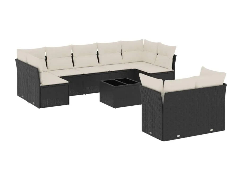 Amplio Set de Sofás de Jardín de 10 Piezas, ratán sintético negro con cojines.  CM6603135
