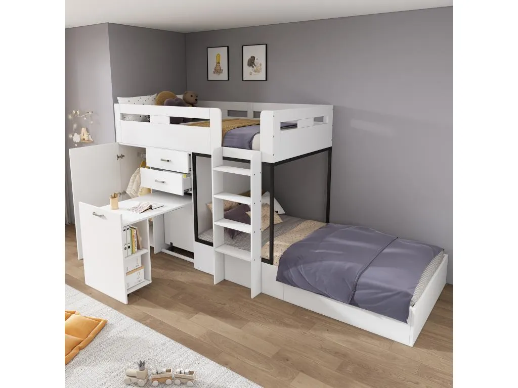 Litera multifuncional - 2x90x200 cm - con armario y escritorio corredero - Blanco (sin colchón) iybc06714