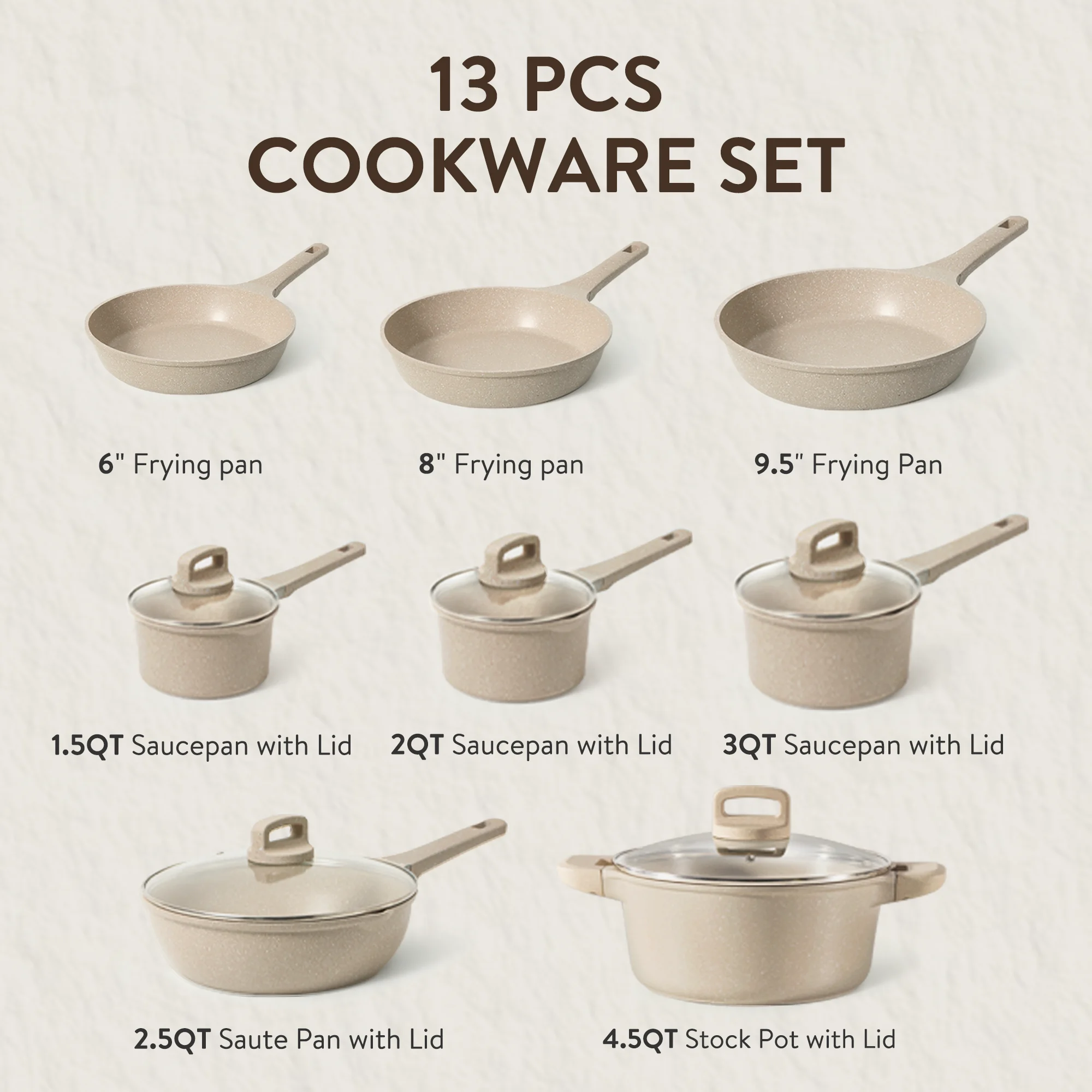 Carote 13 Pcs Nonstick Cookware Sets, Non Stick Pots and Pans Set, Induction Cookware, Taupe - Image 2