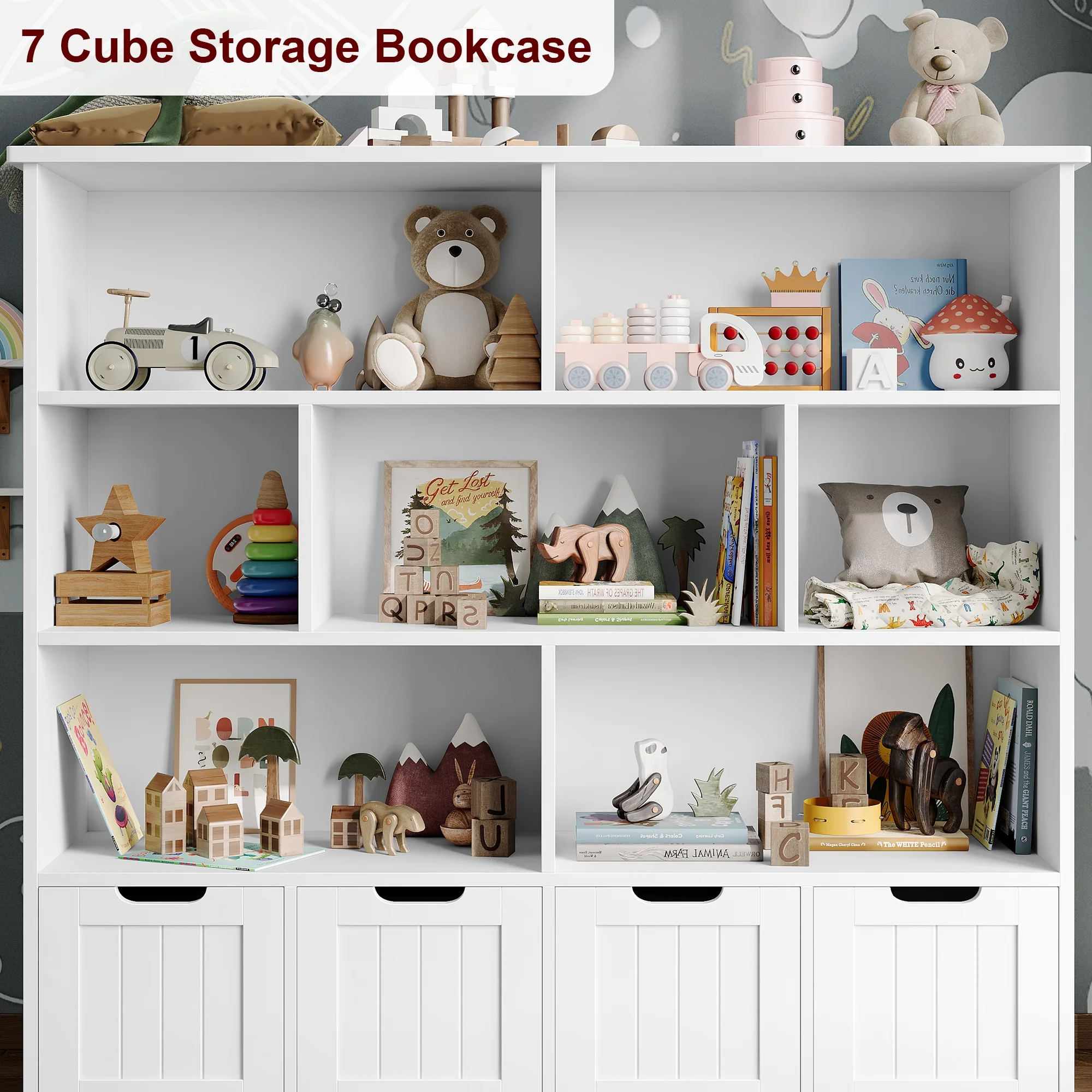Homfa 7 Cube Toy Storage Organizer, Kids Geometric Bookcase and Bookshelf with 4 Drawers, White - Image 8