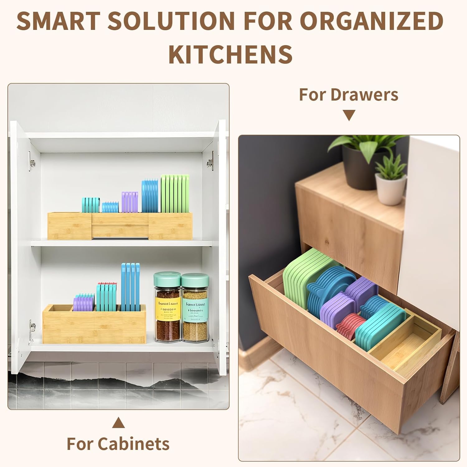 Retro Shaw Lid Organizer for Cabinet, Bamboo Expandable Kitchen Organizer with 3 Adjustable Dividers for Plastic Lids, Large Food Storage Container Lid Holder for Drawer, Countertop, Pantry