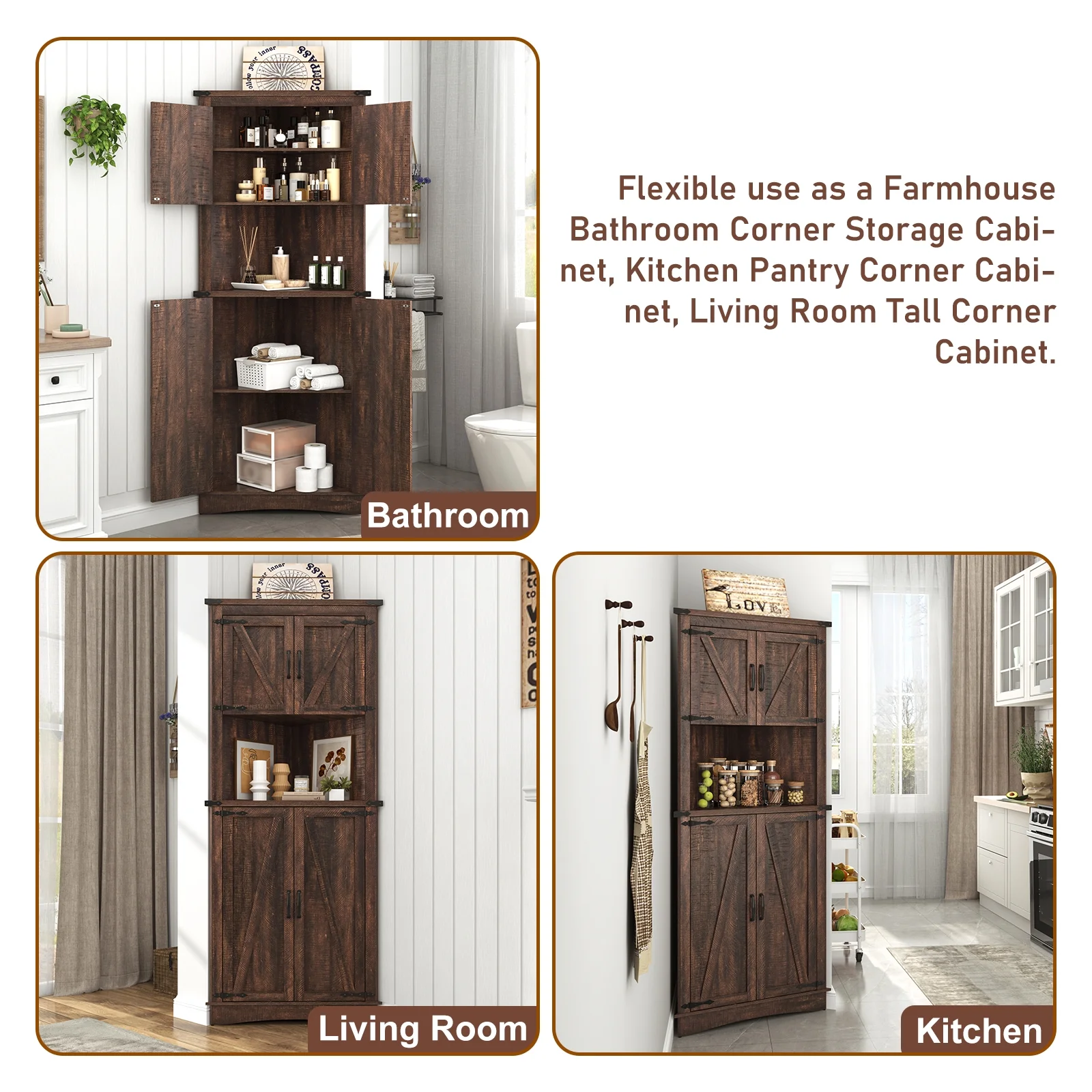 Blotout 68" Tall Farmhouse Corner Cabinet with 4 Doors, 28.3" W Barn Door Storage Cabinet with Adjustable Shelves, 5 Tier Corner Storage Cabinet for Bathroom,Living Room,Kitchen - Image 22