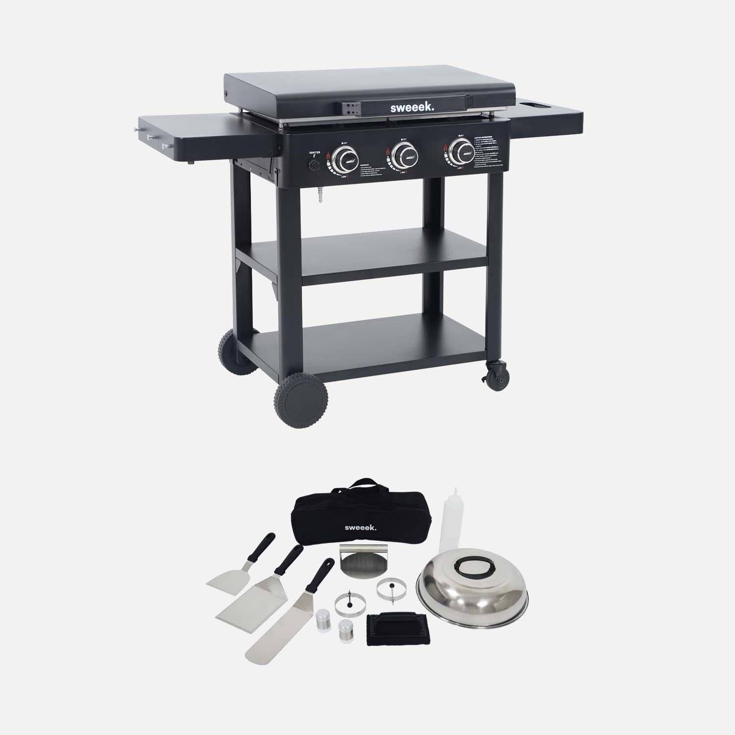 Raoul - Plancha de gas 3 quemadores acero inoxidable 12kW con carrito y utensilios