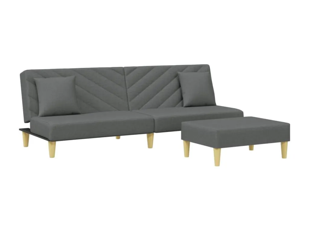 Sofá cama de 2 plazas con almohadas y taburete en tela gris oscuro. wmz3529575