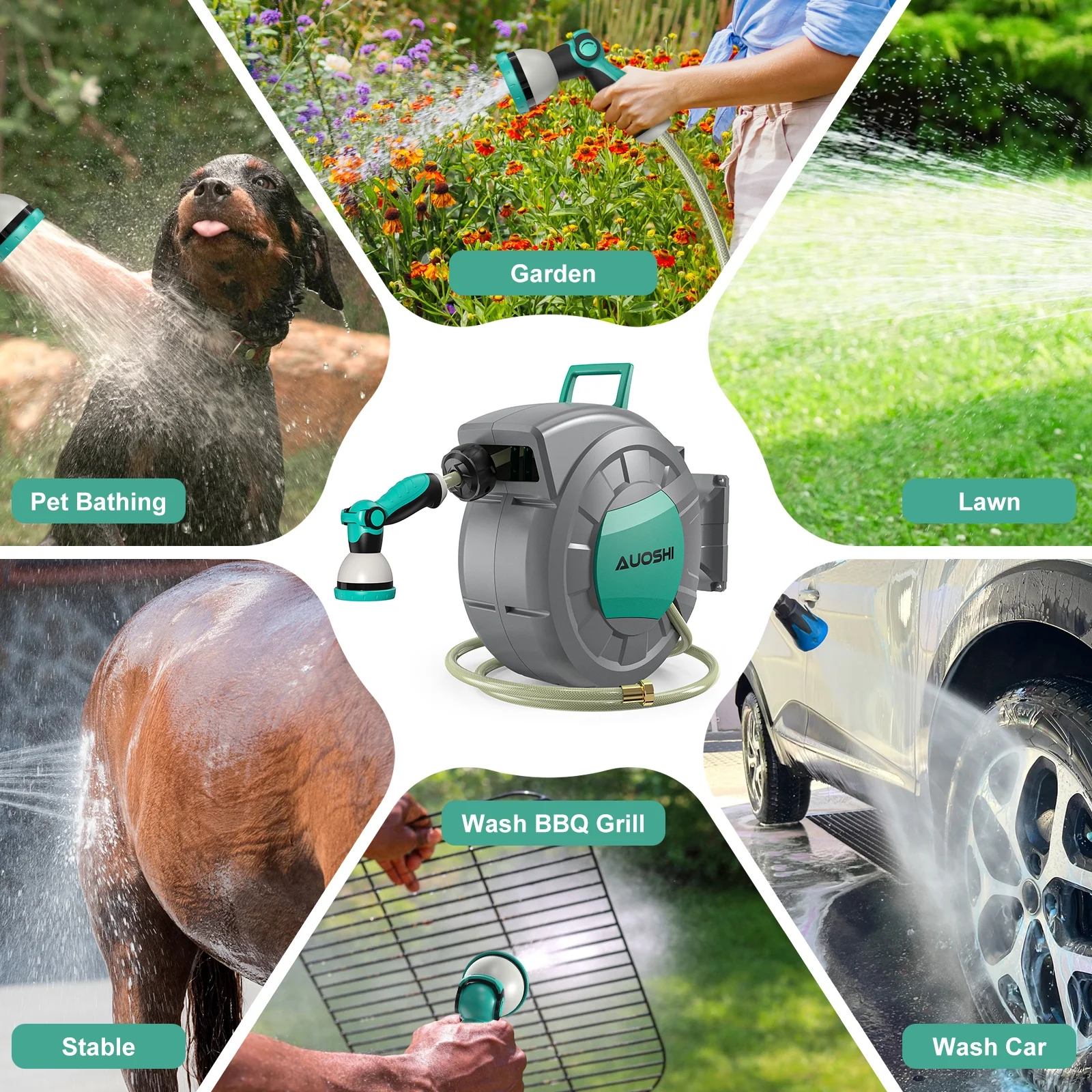 AUOSHI Retractable Garden Hose Reel 1/2" 100ft Automatic Hose Reel with 10 Function Sprayer Nozzle Wall Mount 180 Deg Swivel Bracket Hose Reel with Any Length Lock Slow Return System - Image 11