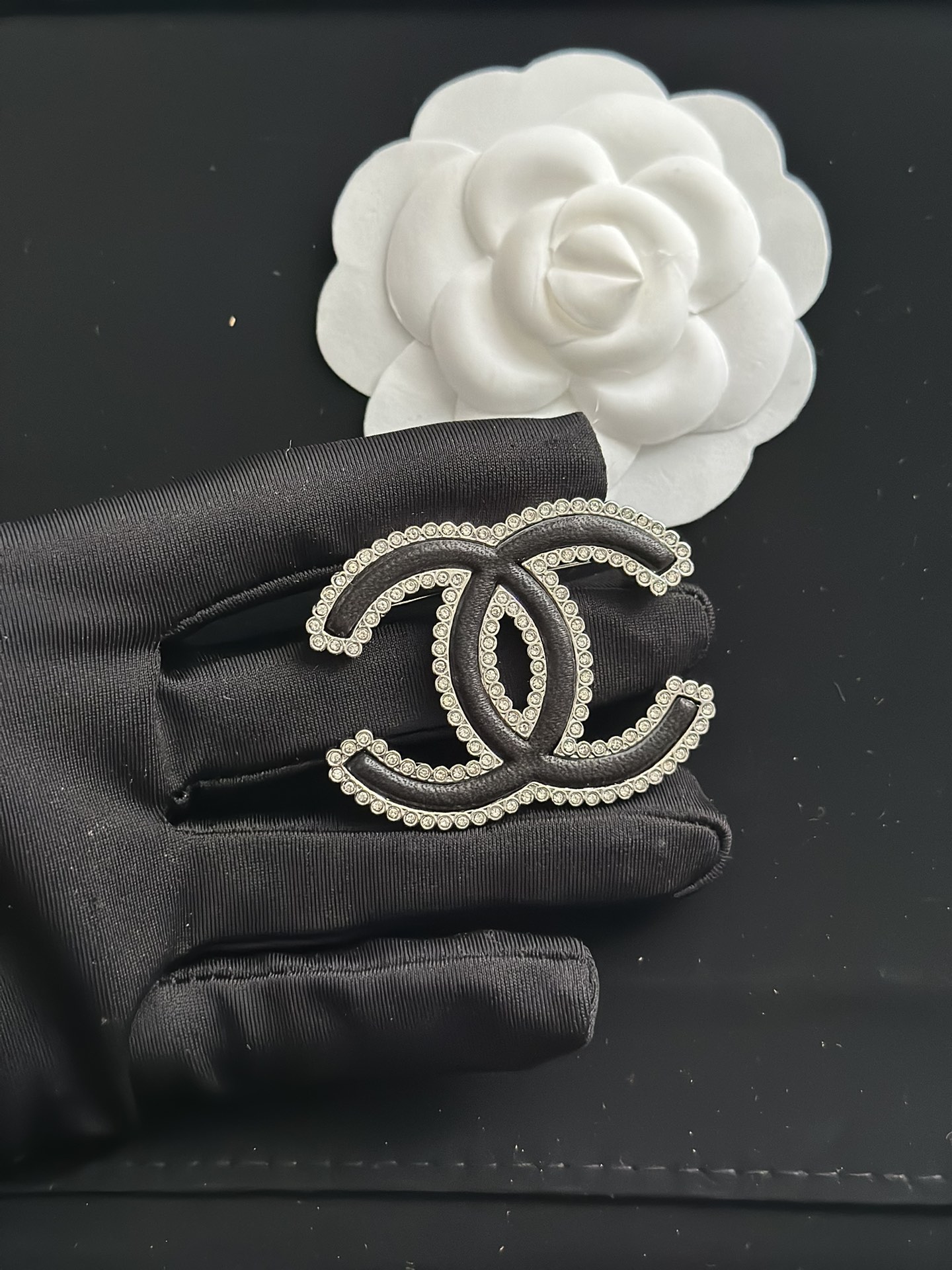 Chanel Paved Diamond Black Leather CC Brooch - Original Replica Club