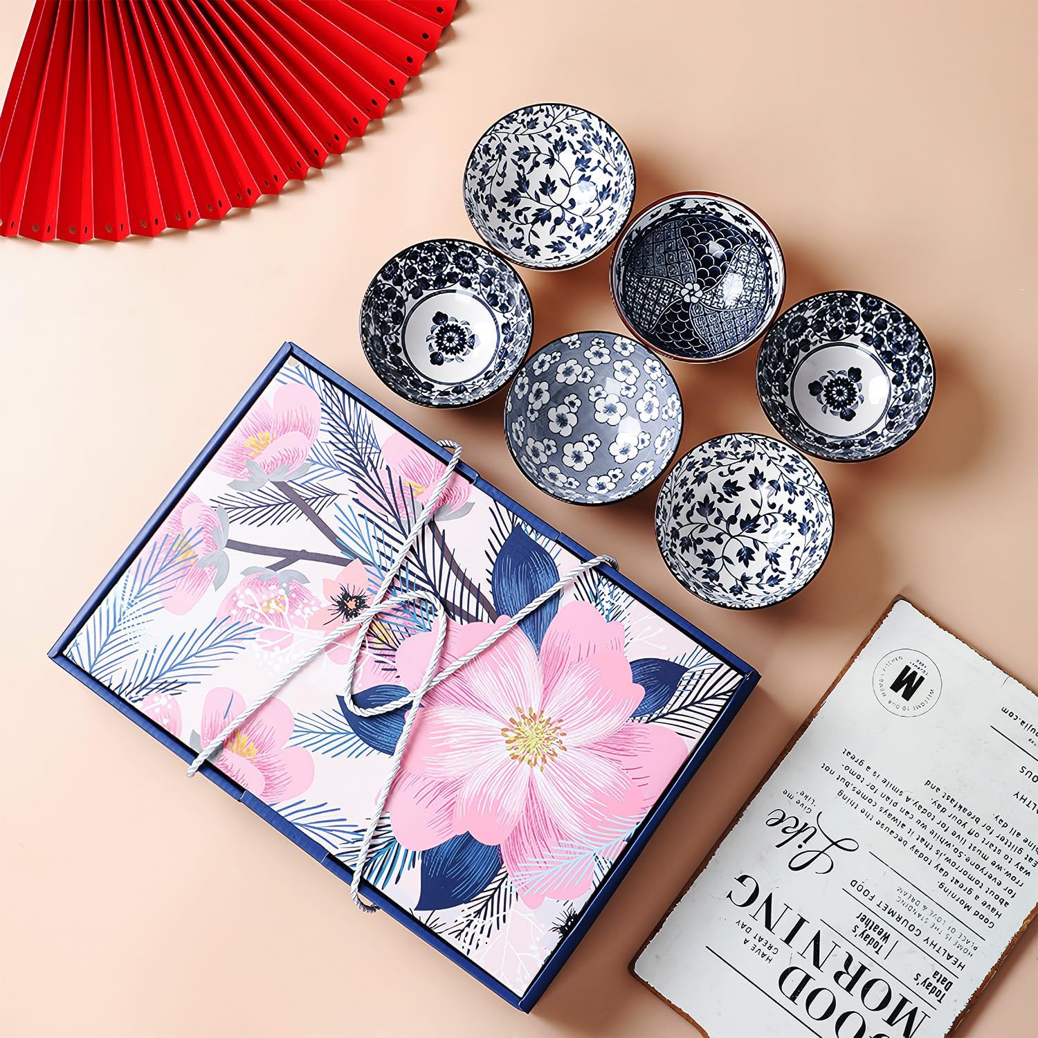 Rice Bowls 10oz, Japanese Style Bowls Set of 6 with Gift Box - Blue and White Ceramic Bowls for Soup, Dessert, Ice Cream, Snack - Kitchen Gifts for Women (Blue and White)