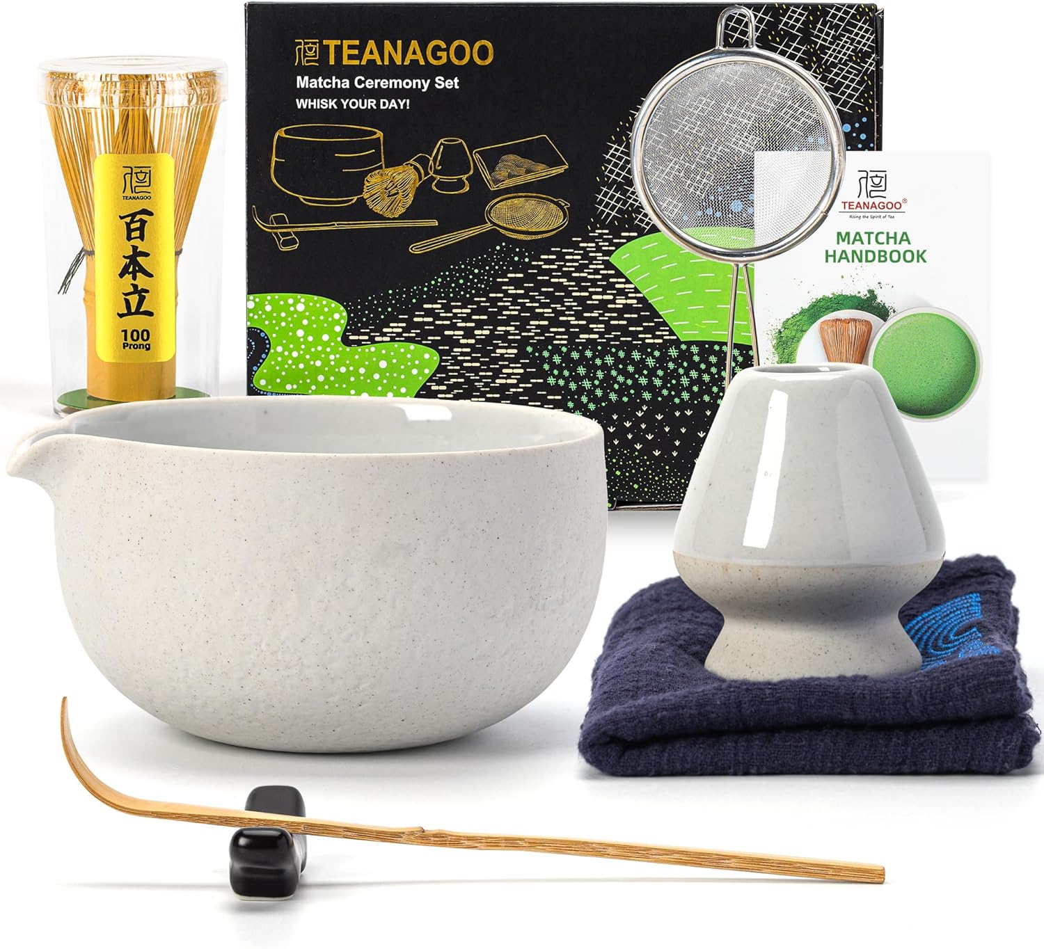 TEANAGOO Matcha Whisk Set Black,7 Pcs Matcha Set,Matcha Kit for Ceremony,Tradition Tea Set for Making Breakfast/Latte,Matcha Whisk Set with Bowl(Chawan)/Whisk and Holder,Gift for Family/Friend