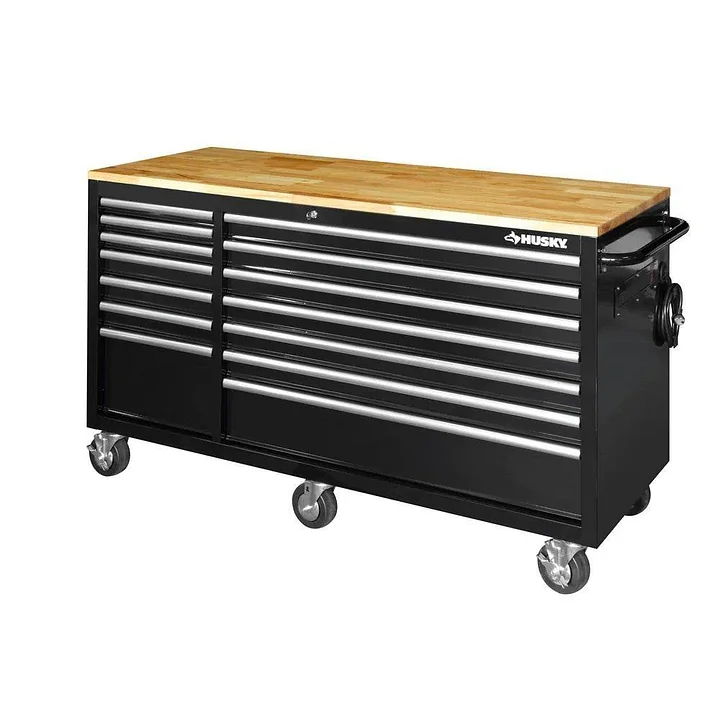 WAYFAIR 62 In. 14-Drawer Mobile Workbench With Solid Wood Top, Black