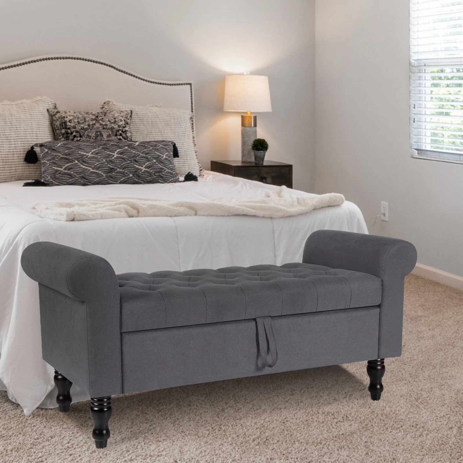 Storage Bench with Upholstered Rolled Arm Ottoman Bench Couch w/ Solid Wood Legs for Bedroom End of Bed,and Living room,Gray - Image 4